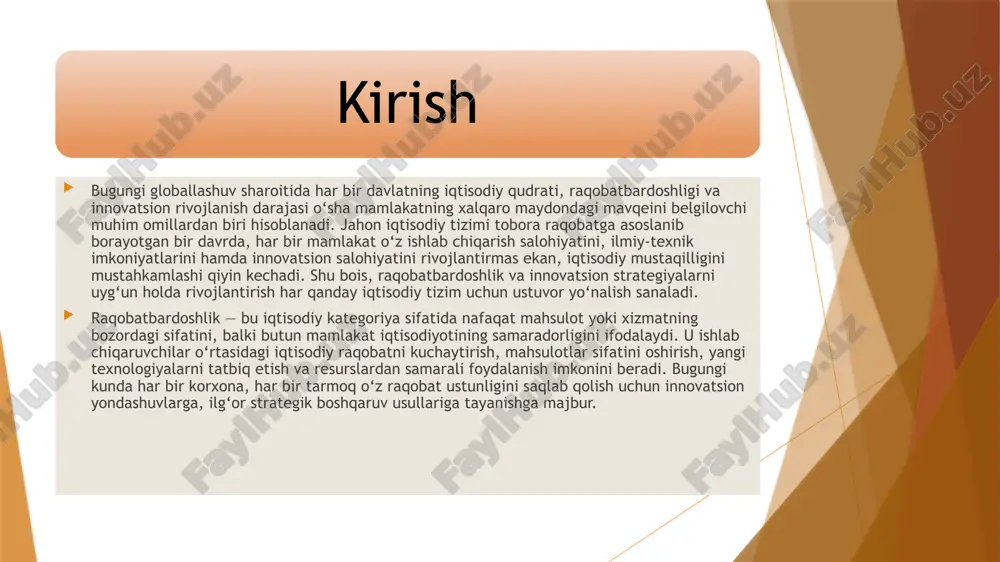 rayonlarda yangi imkoniyatlar yaratmoqda. shu bois, innovatsion strategiyalarni shakllantirish va ularni amaliyotga tatbiq etish raqobatbardoshlikni oshirishning eng muhim vositasidir. raqobatbardoshlik tushunchasi zamonaviy iqtisodiy nazariyaning eng muhim kategoriyalaridan biridir. u ishlab chiqarish samaradorligini oshirish, mahsulot sifatini yaxshilash, bozor talablariga tezkor moslashish va milliy iqtisodiyotning xalqaro miqyosdagi o‘rnini mustahkamlashda hal qiluvchi omil hisoblanadi. raqobatbardoshlik nafaqat alohida korxona yoki tarmoq darajasida, balki butun mamlakat iqtisodiyotining rivojlanish darajasini ifodalaydi. raqobatbardoshlik mohiyatan iqtisodiy subyektning bozor sharoitlarida muvaffaqiyatli faoliyat yurita olish, o‘z mahsulotlari yoki xizmatlarini boshqa raqobatchilarnikidan ustunroq shaklda taklif etish, xaridorlar e’tiborini jalb etish va bozorda barqaror mavqega ega bo‘lish qobiliyatini bildiradi. bu tushuncha iqtisodiyotning barcha sohalarida innovatsion yangilanishlar, texnologik rivojlanish va sifat menejmenti bilan chambarchas bog‘liqdir. 1. raqobatbardoshlikning nazariy asoslari iqtisodiy adabiyotlarda raqobatbardoshlik tushunchasi turli yo‘nalishlarda talqin qilinadi. ayrim iqtisodchilar uni ishlab chiqarish xarajatlarini kamaytirish orqali erishiladigan ustunlik sifatida ko‘rishadi, boshqalar esa bozor strategiyasi, brend qadriyati va innovatsion salohiyat bilan bog‘lashadi. aslida raqobatbardoshlik ko‘p …