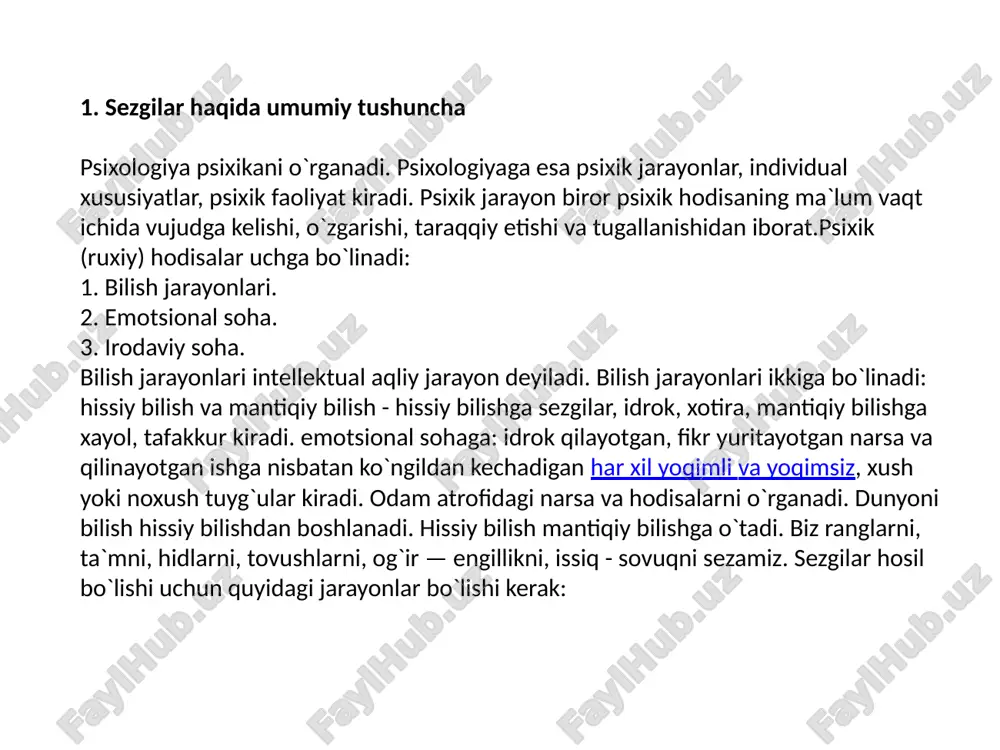riya qismini markaziy qism bilan bog`lovchi afferent (markazga intiluvchi) va efferent (markazdan qochuvchi) nervlar, o`tkazuvchi nerv yo`llari. 3) nerv impul’slari qayta ishlanadigan analizatorning miya po`stidagi qismlar. kontakt sezgilarda qo`zg`atuvchi bevosita retseptorga tegish kerak. masalan: teri va ta`m bilish sezgilari. distant sezgilar ma`lum bir masofadan turib sezgi hosil bo`ladigan sezgilardir. masalan: ko`rish, eshitish, hid bilish. interotseptiv sezgilarga organik sezgilar kiradi va organizm ichki holatlari haqida signal berib, oshqozon, yurak, ichak, qon tomirlari devorlaridan keluvchi qo`zg`alishlarni miyaga etkazadi. ularning retseptor apparatlari ichki a`zolar devorlarida joylashgan. ovkat hazm qilish, nafas olish, qon aylanish a`zolari va umuman ichki a`zolarida jarayonlar vujudga keltiradigan sezgilar shu interoretseptorlar yordami bilan bilinadi masalan: organik sezgilar, proprioretseptorlar muskul, pay va boylanmalarda bo`ladi. bu guruhga statik, muskul - harakat, vibratsiya sezgilari kiradi. ko`rish sezgilariga rang, yorug`likni sezish kiradi. ranglar xromatik, axromatik turga bo`lindi. yorug`lik nurlari shisha prizma orqali o`tib singanda hosil bo`ladigan ranglar xromatik ranglar deyiladi. xromatik ranglarga kamalakdagi etti …
