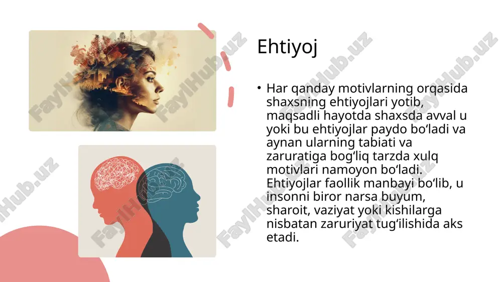 o’lib, u uning fikrlashiga, his-tuyg’ulariga va xatti-harakatlariga ta’sir qiladi. ustanovka insonning muayyan hodisalarga yoki obyektlarga qanday munosabatda bo’lishini belgilaydi. amerikalik olim g.ollport ijtimoiy ustanovkaning uch komponentli tizimini ishlab chiqqan: 1. kognitiv komponent – ustanovka obyektiga aloqador bilimlar, g‘oyalar, tushuncha va tasavvurlar majmui; 2. affektiv komponent – ustanovka obyektiga nisbatan subyekt his qiladigan real hissiyotlar (simpatiya, antipatiya, loqaydlik kabi emotsional munosabatlar); 3. harakat komponenti – subyektning obyektga nisbatan real sharoitlarda amalga oshirishi mumkin bo‘lgan harakatlari majmui. shaxsning ongi va o‘z-o‘zini anglash muammolari uning faolligi, u yoki bu faoliyat turlarida ishtiroki va uni uddalashi bilan bog‘liq sifatlari orqali bayon etiladi. faollik (lotincha “actus” – harakat, “activus” – faol so‘zlaridan kelib chiqqan tushuncha) shaxsning hayotdagi barcha xatti-harakatlarini namoyon etishini tushuntiruvchi kategoriya. misollar: 1. kognitiv komponent (bilish) bu insonning muayyan hodisa yoki obyekt haqidagi bilimlari, tushunchalari va e’tiqodlarini ifodalaydi. misol: talaba imtihonga tayyorgarlik ko‘rish muhimligini tushunadi va uni yaxshi o‘tish uchun strategiyalarni biladi. 2. …