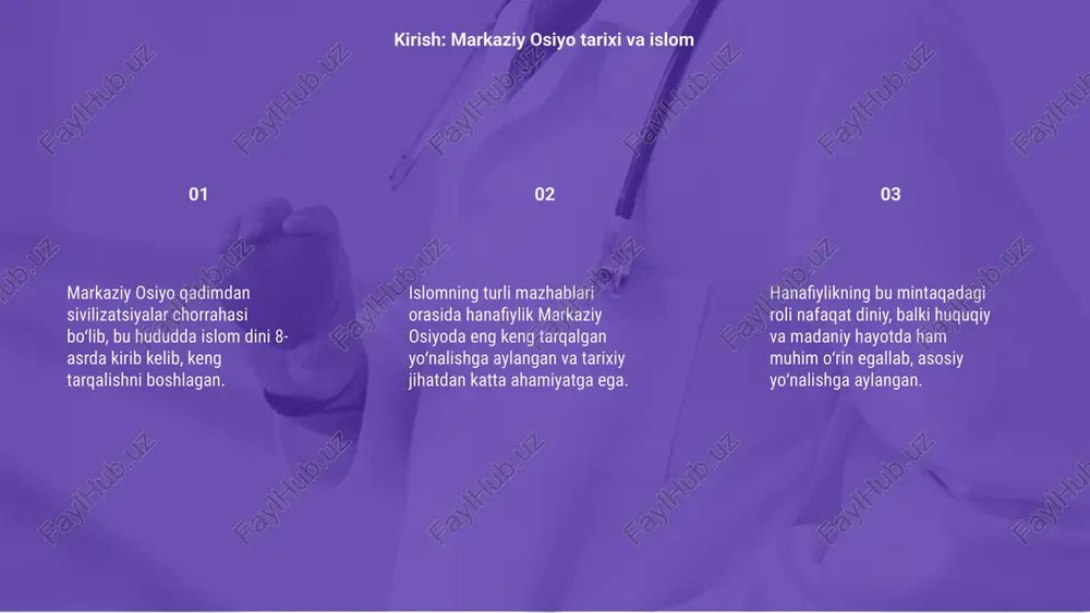 abi keng tarqaldi va jamiyatda muhim o‘rin egalladi. bu mazhabning tanlanishiga uning o‘ziga xos yengil va shaxsiy ehtiyojlarga mos yondashuvi, shuningdek, ilmiy asoslari sabab bo‘ldi. hunarmand, dehqon va ziyolilar orasida tasdiq topgan uni, siyosiy hokimiyatlar va diniy ulamolar ham qo‘llab-quvvatlab, keng targ‘ib qilishdi. markaziy osiyoda xanafiya mazhabining tanlanish sabablari markaziy osiyo tarixida islom dini keng tarqalgan davrlarda hanafiya mazhabi asosiy yo‘nalish sifatida ommalashdi va chuqur ta'sir ko‘rsatdi. hanafiya mazhabi mahalliy aholining hayoti, ijtimoiy munosabatlari va diniy amaliyotiga uyg‘un tarzda singib, yillab ustuvorlikka erishdi. bu mazhabning oqilona yondashuvi va shariatga mosligi sababli, xalq orasida ishonchli diniy manba sifatida keng tarqalishiga zamin yaratdi. 27% 27% 46% mahalliy aholi orasida mazhabning tarqalishi markaziy osiyoda islom dini tarqalgach, hanafiylik mazhabi keng tarqaldi. bu mazhab huquqiy tizim asoslarini shakllantirishda muhim rol o‘ynadi. hanafiylikda qonunlar fiqh asosida ishlab chiqildi, bu esa shariatni amaliy hayotga tatbiq etishga katta imkoniyat berdi va barqarorlikni ta’minladi. mazhab asoslariga asoslanib, markaziy …