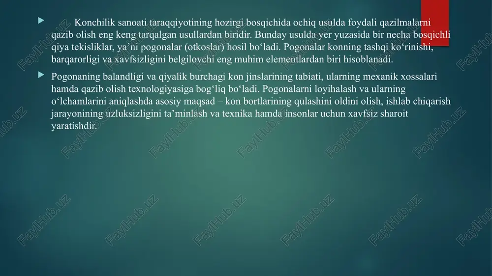 vlarning aniqligini oshirib, xavfsizlikni ta’minlash imkonini beradi. shu bilan birga, pogonalarni muntazam ravishda o‘lchash orqali bortlarning deformatsiyasi, cho‘kish yoki sirpanish holatlari erta aniqlanadi. bu esa favqulodda vaziyatlarning oldini olishda katta yordam beradi. o‘lchov ishlarining tashkil etilishi va xavfsizlik talablari pogonalar burchaklari va balandliklarini o‘lchashda ishlov beriladigan maydonning xavfsizligi eng muhim masaladir. chunki ochiq konlardagi pogonalar qattiq mexanik kuchlanishlar ostida bo‘lib, ularning qulash xavfi doimo mavjud. shu sababli o‘lchov ishlarini bajarishdan avval marksheyderlik mutaxassisi quyidagi tayyorgarlik ishlarini amalga oshiradi: 1.pogonaning hozirgi holatini vizual tekshirish; 2.jinslarning barqarorligini baholash; 3.ish joyining xavfsiz masofasini aniqlash; 4.o‘lchov asboblarini to‘g‘ri joylashtirish. o‘lchovlar odatda pogonaning pastki va yuqori qismlarida olib boriladi. bu paytda xodimlar xavfsizlik kamarlaridan foydalanishi, texnika harakati esa vaqtincha to‘xtatilgan bo‘lishi lozim. pogonalarni o‘lchashda turli yondashuvlar mavjud: vizual kuzatuv usuli — pogonani oddiy ko‘z bilan tekshirish, deformatsiyalarni aniqlash. geodezik o‘lchov usuli — balandlik va burchaklarni aniq asboblar bilan o‘lchash. fotogrammetrik usul — havo yoki dron …