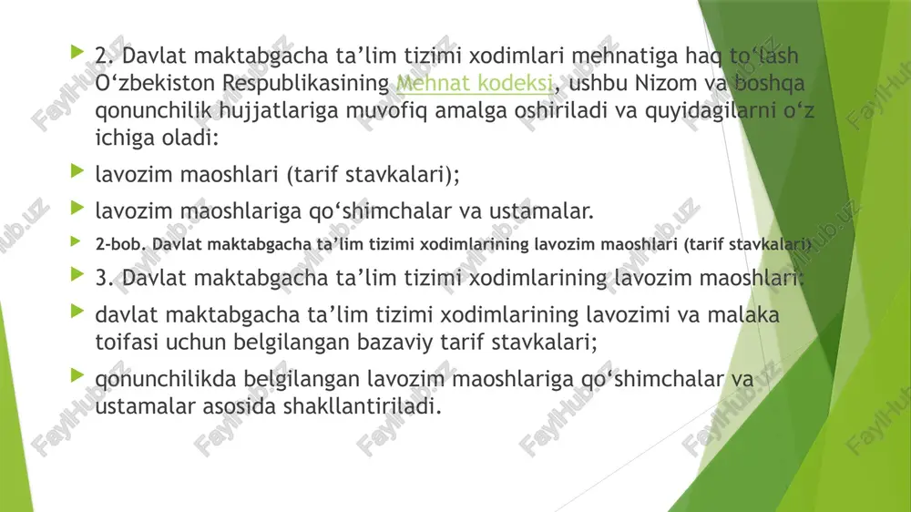 a’lim muassasalari pedagog kadrlarini attestatsiyadan o‘tkazish tartibi to‘g‘risida nizomga muvofiq amalga oshiriladi. 8. davlat maktabgacha ta’lim tashkilotlarining o‘z xizmat vazifalarini vijdonan bajargan, tashabbuskor va yuqori malakali xodimlarini moddiy rag‘batlantirish davlat maktabgacha ta’lim tashkilotida tashkil etiladigan budjet muassasalari va tashkilotlari xodimlarini moddiy rag‘batlantirish maxsus jamg‘armasi mablag‘lari hisobidan amalga oshiriladi. 9. davlat ixtisoslashtirilgan maktabgacha ta’lim tashkilotlarida ishlayotgan quyidagilarning lavozim maoshlari va bazaviy tarif stavkalariga 100 foiz miqdorida qo‘shimcha haq to‘lanadi: davlat ko‘p tarmoqli ixtisoslashtirilgan maktabgacha ta’lim tashkilotlari rahbarlari, pedagog va tibbiyot xodimlari hamda tarbiyachi yordamchilari; qo‘shma tipdagi davlat maktabgacha ta’lim tashkilotlaridagi rivojlanishida jismoniy yoki psixik nuqsonlar bo‘lgan bolalarga mo‘ljallangan guruhlarda ishlaydigan pedagog va tibbiyot xodimlari va tarbiyachi yordamchilari; reabilitatsiya markaziga ega bo‘lgan davlat ko‘p tarmoqli ixtisoslashtirilgan maktabgacha ta’lim tashkilotlari rahbarlari, pedagog va tibbiyot xodimlari, hamda tarbiyachi yordamchilari. 10. rayon koeffitsiyentlari va ustamalar joriy qilingan joylardagi davlat maktabgacha ta’lim tashkilotida ishlovchi xodimlarga qo‘shimcha to‘lovlar, shuningdek, faxriy unvon, ilmiy darajalar uchun ustamalar to‘lash shartlari …
