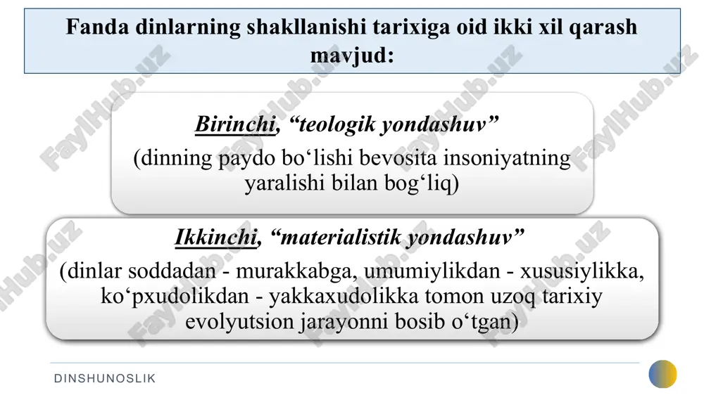 idoiy mifologiyani tashkil etgan ijod doim odamlarning ma'naviy hayoti, ibodati, hissiyotlari va diniy tasavvurlari bilan chambarchas bog‘liq edi dinshunoslik ibtidoiy mifologiya orasidagi muhim aloqalar hayot va o‘lim tabiat va madaniyat ayol va erkaklar ibtidoiy odamlar ruhlarga, tabiat hodisalari (suv, olov, quyosh singari)ga va mavjudotlar (ot, bug‘u, mushuk kabilar)ga sig‘inganlar. dinshunoslik dafn etish jarayoni ibtidoiy odam o‘z qarindoshlarini ko‘mishda maxsus marosimlar, ma'lum tayyorgarlik udumlariga amal qilar edi. dinshunoslik ibtidoiy odam marhum ajdodlarining ruhlari sehrli usullar bilan hayvonlar hulqiga ta'sir etish imkoniyatiga ega deb bilar edilar. bu tasavvurlar tiriklar bilan marhumlar o‘rtasidagi vositachilar, ya'ni turli hildagi sehrgarlar va shamanlar faoliyatining kelib chiqishiga sabab bo‘ldi. dinshunoslik ov qilish ibtidoiy odamlar o‘zlari va hayvonlar o‘rtasidagi tabiiy va g‘ayritabiiy aloqalar mavjudligi haqidagi tasavvurlarga ega edilar. bu bilan birga marhum ajdodlarining ruhlari sehrli usullar bilan hayvonlar hulqiga ta'sir etish imkoniyatiga ega deb bilar edilar dinshunoslik 22 e’tiboringiz uchun raxmat! dinshunoslik 22 23 dinshunoslik 23 mintaqa yevroosiyo …