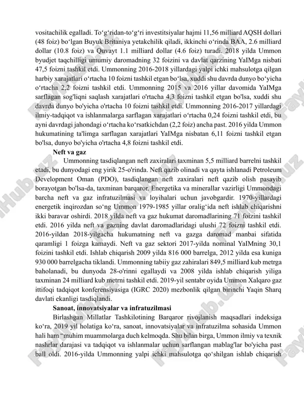 ing ish beruvchilaridir. xususiy sektordagi ish joylarining yarmi boshlang'ich deb tasniflanadi. ummon 1995-yilda iqtisodiyotni diversifikatsiya qilish boʻyicha 2020-yilga moʻljallangan istiqbolga ega boʻlib, u neft ulushini 2020-yilga borib yaimdagi 10 foizdan kamroq darajaga tushirishni maqsad qilgan, biroq u 2011-yilda eskirgan. keyin ummon 2040-yilga moʻljallangan visionni yaratgan amerika qo'shma shtatlari bilan 2009 yil 1 yanvarda kuchga kirgan erkin savdo bitimi barcha iste'mol va sanoat mahsulotlari uchun tarif to'siqlarini bartaraf etdi va ummonga sarmoya kiritayotgan xorijiy biznes uchun kuchli himoyani ta'minladi. ummon daromadining yana bir manbai bo‘lmish turizm o‘sib bormoqda. ummonning chet ellik ishchilari har yili osiyo va afrikadagi o'z davlatlariga taxminan 10 milliard aqsh dollari yuboradilar, ularning yarmidan ko'pi oylik maoshi 400 aqsh dollaridan kam bo'ladi. eng yirik xorijiy jamoa hindistonning kerala, tamilnadu, karnataka, maxarashtra, gujarat va panjob shtatlaridan ​​boʻlib, ummondagi barcha ishchi kuchining yarmidan koʻpini tashkil qiladi. ma'lumki, xorijdagi ishchilar uchun maoshlar ummon fuqarolariga qaraganda kamroq, ammo hindistondagi shunga o'xshash ishlarga …