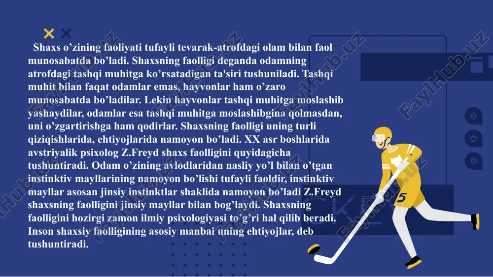 uvchi o’lja ma'nosini va ahamiyatini yo’qotadi. odam boshqa mavjudotlardan farqli o’laroq, ijtimoiy-tarixiy taraqqiyot davrining xususiy ehtiyojlariga xizmat qiluvchi muayyan buyumni zaruriyat talabiga binoan tubdan qayta o’zlashtirishga, takomillashtirishga qodir ongli zotdir. xuddi shu boisdan odamning o’z ehtiyojlarini qondirish jarayoni ijtimoiy-tarixiy taraqqiyot darajasi bilan o’lchanadigan faoliyat shakli va turini egallashning faol muayyan maqsadga yo’naltirilganligi, ma'lum rejaga asoslangan ijodiy ko’rinishi sifatida alohida ahamiyat kasb etadi. insondagi tor ma'nodagi ehtiyojlar uning shaxsiy talablarini qondirish bilan cheklanib qolmasdan, balki hamkorlik faoliyatida yuzaga keluvchi jamoaviy ehtiyojlar yakkaxolligiga oid xususiyat kasb etadi. aytaylik, ma'ruza o’qishga taklif qilingan mashg’ulotga o’qituvchining puxta tayyorgarligi o’z predmetining o’ta fidoiysi ekanligi uchun emas, balki jamoa nufuziga dog tushirmaslik ma'suliyati ijtimoiy burch hissiga nisbatan ehtiyoj sezganligi tufayli amalga oshadi. shaxsiy ehtiyoj guruhiy, jamoaviy munosabatlar uyg’unlashib ketganligi sababli o’zaro qorishiq xususiyatiga ega bo’ladi. har qanday individual faoliyatga nisbatan ehtiyojning tuzilishi ijtimoiy alomat, umumiylik, hamkorlik xususiyatini kasb etib, faoliyatga yondashuvda yakkaxollik umumiylikni, umumiylik esa alohidalikni …