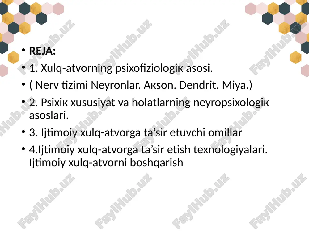 -quvvat, g’ayrat, shijoat baxsh etadi, yana bir tun esa mushaklarni, paylarni harakatlantiradi. mana shunday murakkab funkstiyaning yig’indisi organizmning tashqi muhitga moslashuvini, unga muvofiqlashuvini, hayotiy vazifalarning ijro etilishi va bajarilishini ta’minlaydi. nerv sistemasining asosiy elementlari nerv hujayralari hisoblanib, ularning funkstiyasi qo’zg’atishdir. neyron hujayra tanachasidan, dendritdan, aksondan tashkil topadi. markaziy nerv sistemasi bosh miya va orqa miyadan iborat. hozirgi zamon fanining ko’rsatishicha, orqa miya va miya naychasi reflektor faoliyatining tug’ma (shartsiz reflekslar) hisoblangan shakllarni amalga oshiradi, katta yarimsharlarning qobig’i esa hayotda orttirilgan, psixika yordami bilan boshqariladigan xulq-atvor shakllarining organi sanaladi. miya katta yarimsharlari faoliyatining umumiy qonunlari i.p.pavlov tomonidan kashf etilgan. hozirgi zamon fiziologiyasi ma’lumotiga qaraganda, miyada hosil bo’ladigan to’lqinlar turli chastotadagi elektromagnit tebranishlariga o’xshab ketadi. miyada elektr toklari paydo bo’lishining elektroensefalogramma ko’rinishdagi kuchaytirgich yordamida yozib olishning kashf etilishi muhim ahamiyatga ega bo’ldi. chunki kosmonavt miyasining biotoklari yozuvi uning markaziy nerv sistemasida yuz beradigan o’zgarishlar ko’rsatkichi bo’lib xizmat qiladi. odam psixik hayotida katta …