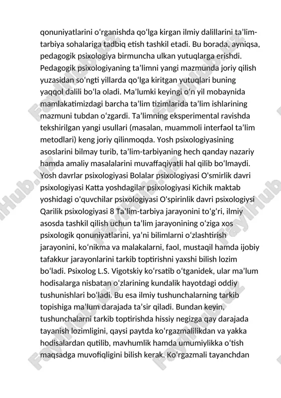 arni, faol, mustaqil hamda ijobiy tafakkur jarayonlarini tarkib toptirishni yaxshi bilish lozim bo‘ladi. psixolog l.s. vigotskiy ko‘rsatib o‘tganidek, ular ma’lum hodisalarga nisbatan o‘zlarining kundalik hayotdagi oddiy tushunishlari bo‘ladi. bu esa ilmiy tushunchalarning tarkib topishiga ma’lum darajada ta’sir qiladi. bundan keyin, tushunchalarni tarkib toptirishda hissiy negizga qay darajada tayanish lozimligini, qaysi paytda ko‘rgazmalilikdan va yakka hodisalardan qutilib, mavhumlik hamda umumiylikka o‘tish maqsadga muvofiqligini bilish kerak. ko‘rgazmali tayanchdan barvaqt voz kechish ham ana shu bosqichda sun’iy ravishda to‘xtab qolish ham bir xil xatodir. shuning bilan birga ko‘rib va eshitib idrok qilish xususiyatlarini hamda ularning o‘zaro munosabat xarakterini bilish kerak. pedagogik psixologiyani bilish tarbiya ishlarida ham zarurdir. shaxs tarkib topishi jarayonining psixologik qonuniyatlarini, jumladan, axloqiy odatlar va ishonch-e’tiqod tarkib topishining qonuniyatlarini bilmay turib, to‘g‘ri tarbiya berish mumkin emas. kamol topishning bu bosqichiga 28–35 yoshlardagi erkak va ayollar kiradilar. yetuklik davrida odam o’zining barcha kuch-quvvati, qobiliyati, aql-zakovati, ichki imkoniyatlarini o’z kasbiga, ijtimoiy faoliyatiga, jamoat …