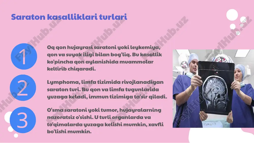 onal va excisional, o'sma hujayralarining xususiyatlarini o'rganishga imkon beradi. patologik tahlil natijalari mikroskop yordamida olingan namunalar asosida tashxis qo'yish va davolash rejasini belgilashda muhimdir. bu jarayonlar diagnostika uchun asosiy qadamdir. biopsiya va patologik tahlil saratonning oldini olish usullari saratonning oldini olishning ahamiyati saratonni oldini olish hayot sifatini oshiradi va umrni uzaytiradi. profilaktika muhimdir. sog'lom turmush: ovqatlanish, jismoniy faoliyat balansli ovqat va muntazam jismoniy mashqlar saraton xavfini kamaytiradi. meva va sabzavot iste'mol qilinadi. chekish va alkogoldan voz kechish zararlı odatlardan voz kechish saraton xavfini sezilarli darajada kamaytiradi. saratonni davolash usullari saratonni davolashning asosiy usullari jarrohlik, kimyoterapiya va radioterapiyadir. jarrohlik o'smani to'liq yoki qisman olib tashlash uchun, kimyoterapiya hujayralarni o'ldirishda, radioterapiya nurlar yordamida amalga oshiriladi. bemorlarni psixologik va jismoniy qo'llab-quvvatlash muhimdir. sog'lom ovqatlanish va saraton sog'lom ovqatlanish saratonni oldini olishda muhim. meva, sabzavot va antioksidantlar bilan boy oziq-ovqatlar xavfni kamaytiradi. antioxidantlar erkin radikallarni neytrallashtiradi, hujayra zararini oldini oladi. foydali mahsulotlar: brokkoli, qovoq, …