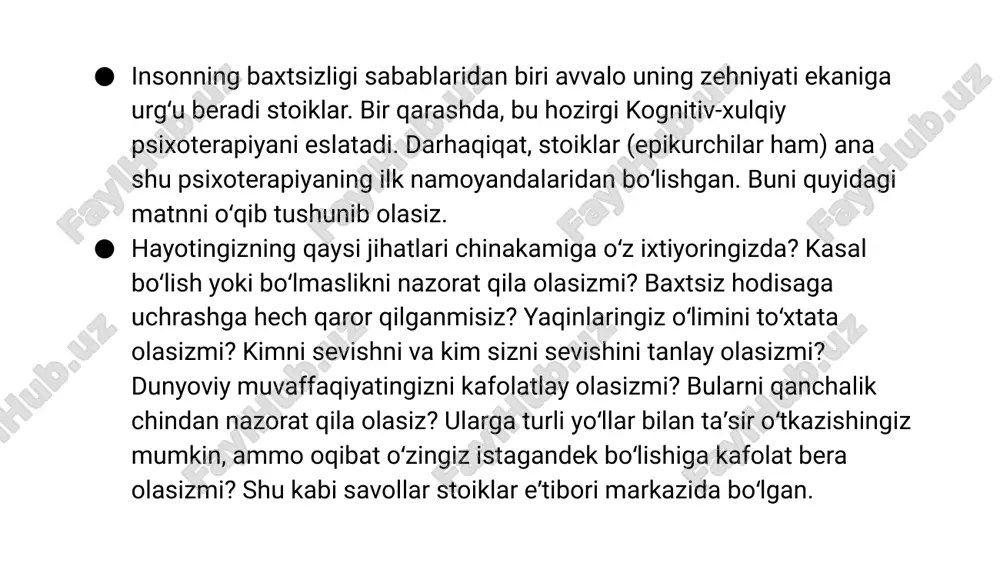 . dastlabki nasroniylar falsafasi dunyoda eng keng tarqalgan diniy eʼtiqod. yevropa, amerika mamlakatlarida, avstraliyada, faol missionerlik harakati natijasida afrika, yaqin sharqda va uzoq sharqning bir necha mintaqalarda keng yoyilgan. jahonda bu dinga taxminan 2.5 milliard kishi eʼtiqod qiladi.[1] nasroniylikning asosiy gʻoyasi xudo odam — iisus xristos (iso masih; iso) haqidagi rivoyatlar bilan bogʻliq. nasroniylik taʼlimotiga koʻra, xudo yagona, lekin u muqaddas uchlikda namoyon boʻladi, deb oʻylashadi 01 nasroniylikning aqidalari, eʼtiqod talablari, huquqiy va axloqiy normalari, cheklash va taqiqlari bibliya va boshqa muqaddas kitoblarda oʻz ifodasini topgan. nasroniylik i asrning 2-yarmida rim imperiyasining sharqiy qismida yashovchi yahudiylar oʻrtasida paydo boʻlgan 03 nasroniylik taʼlimotiga koʻra, xudo yagona, lekin u muqaddas uchlikda namoyon boʻladi, deb oʻylashadi. iso kelajakda tiriklar va oʻliklar ustidan hukm chiqarish uchun oxirat kuni yerga qaytib keladi, deb uqtiriladi. uning oʻgitlariga, vasiyatlariga amal qilganlar, hayot mashaqqatlariga u kabi bardosh berganlargina narigi dunyoda ajr (mukofot) ga erishadilar 02 stoikizm va uning …