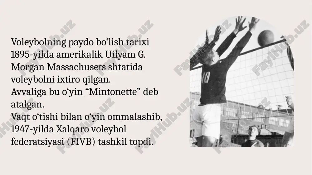 z ta’lim tizimida jismoniy tarbiyaning muhim vositasidir. 21 foydalanilgan adabiyotlar ro‘yxati karimov, a. “sport o‘yinlari nazariyasi va uslubiyoti”. – toshkent: o‘zbekiston davlat jismoniy tarbiya va sport universiteti nashriyoti, 2019. usmonov, s. “voleybol: nazariya, amaliyot va metodika asoslari”. – toshkent: “o‘qituvchi” nashriyoti, 2020. xolmatov, b., va ismoilov, r. “jismoniy tarbiya darslarida sport o‘yinlarini o‘qitish metodikasi”. – toshkent: “fan va texnologiya”, 2021. qodirov, n. “voleybol mashg‘ulotlarini tashkil etish va o‘tkazish”. – toshkent: “iqtisod-moliya”, 2018. fivb (international volleyball federation). official volleyball rules 2021–2024. – lausanne, switzerland: fivb publications, 2021. mamatov, e. “sport nazariyasi va metodikasi asoslari”. – toshkent: “oliy ta’lim”, 2017. o‘zbekiston respublikasi jismoniy tarbiya va sport vazirligi. “voleybol bo‘yicha o‘quv dasturi”. – toshkent: o‘quv-uslubiy markaz, 2022. jalilov, d. “sport turlari bo‘yicha o‘yin qoidalari to‘plami”. – toshkent: “sharq”, 2016. k. h. sevimli. “voleybol nazariyasi va texnikasi”. – istanbul: spor akademisi yayınları, 2019. hasanov, b. “jismoniy tarbiya nazariyasi va sport mashg‘ulotlari”. – toshkent: “yangi …