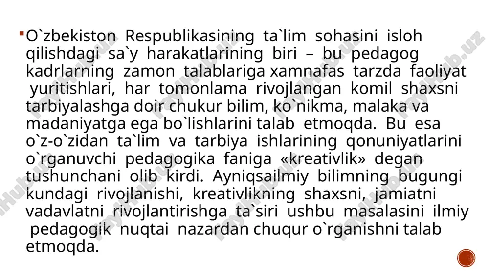 eativlik – bu o`qituvchilarni innovatorlikka undovchi pedagogikkategoriya hisoblanadi .2. kreativlik o`qituvchining kasbiy va shaxsiy sifatining integratsiyasidir. chunki o`qituvchi tabiatan qiziquvchan, intiluvchan bo`lmas ekan, bunday o`qituvchihech qachon ijodkorlikni namoyon eta olmaydi. 3. kreativlik o`qituvchilarda o`z-o`zidan payda bo`ladigan sifat emas, uo`qituvchining yangiliklarga intilishi, yangiliklarni o`zlashtirish va o`ziningpedagogik faoliyatida qo`llay olish jarayonlarida duch keladigan qiyinchiliklarni yenga olishi, innovatsion yangiliklarni o`z faoliyatida faol, ijodkorona foydalana olish va o`z mualliflik g`oyalariga, echimlarni (evristik) topa olishi bilan bog`liqdir. 4. o`qituvchining kreativligining shakllanishi «ehtiyojlar, yo`nalishlar va«men» kontseptsiya»laridan kelib chiqadi. kreativlik - pedagogik muammo sifatida o`zbekistonning milliy taraqqiyotga qaratilgan bosh g`oyasi - ozod va obodvatan, erkin va farovon xayot barpo etishdir. binobarin, ozod va obod davlatning fuqarolari komillik sari intilib yashash maqsadini o`z oldiga qo`yadi. birinchi prezidentimiz i.a.karimov “yuksak ma`naviyat-engilmas kuch” asarida o`zbekiston taraqqiyotining ma`naviy-axloqiy va kasbiy asoslari to`g`risida fikr yuritib, istiqlol sharoitida talaba- yoshlarning bilim asoslarini puxta egallashlari bilan birga mustaqil fikrga ega bo`lgan, g`oyaviy, mafkuraviy jihatdan …