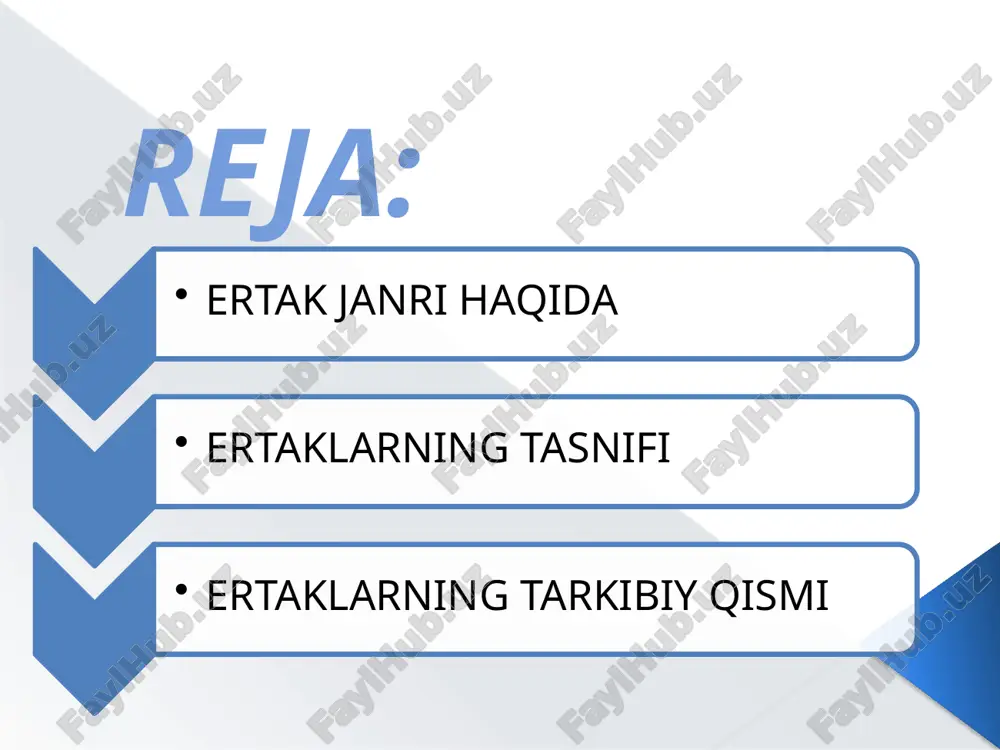 htirok etadi. final, ya`ni ertakning tugallanma qismi asosan qahramonning murod-maqsadiga etishidan iborat bo`ladi. o`zbek ertaklarining salmoqli qismini hayvonlar haqidagi og`zaki hikoyalar tashkil etadi. ammo hayvonlar haqidagi ertaklar asar mazmunida ishtirok etayotgan personajlarning o`rniga ko`ra faqat sof hayvonlar haqidagi ertaklar va odamlar ham ishtirok etadigan ertaklarga bo`linadi. bu ertaklarning bosh mazmuni bevosita hayvonlar bilan bog`liq bo`lgani uchun ular tasnifida mana shu turga mansub asarlar sifatidan bu ertakda xalqning yozuvchilarga qarshi g`azab bilan va nafrati aks ettirilgan. uch aka-uka obrazi misolida xalq o`zining orzu-istaklarini, adolatparvarlik, gumanizm g`oyalarini ifodalagan. shuning uchun uch aka-uka har qanday sharoitda ham o`zlarining uddaburonligi, ishbilarmonligi, aql-zakovati bilan g`olib chiqadi. image2.jpeg audio1.wav image3.jpeg image4.jpeg image5.jpeg image6.jpeg image7.png image8.png image9.jpeg image10.jpeg image11.png image12.png /docprops/thumbnail.jpeg