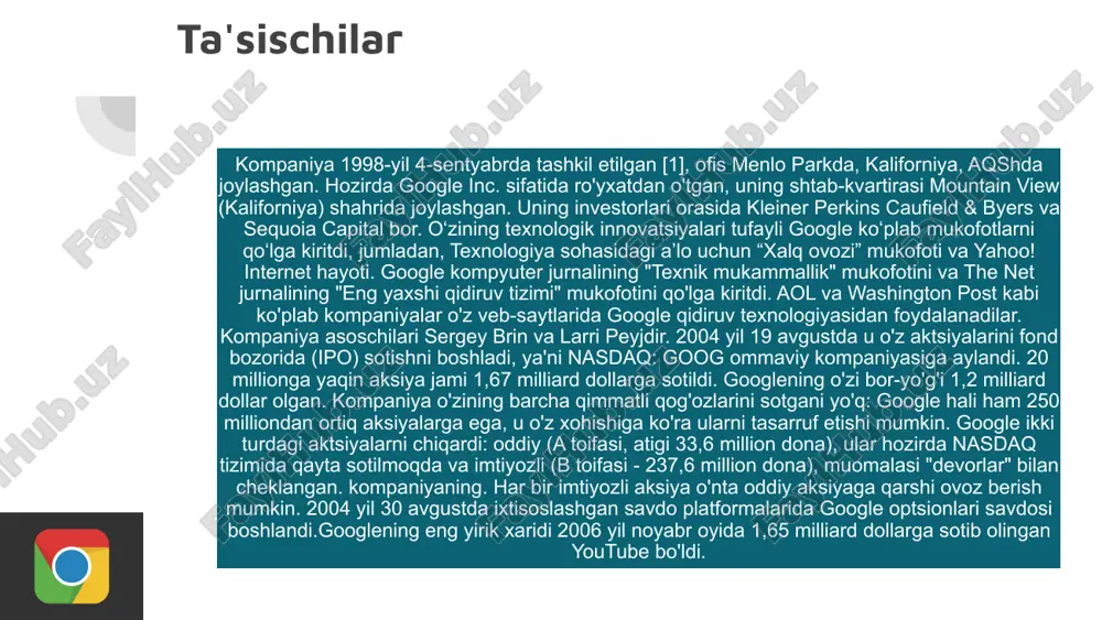 da googleda yana nima borligini o'qishingiz mumkin. oddiy xizmatlar outubevideolarni nashr qilish, ko'rish va translyatsiya qilish xizmati. google play musiqaobuna bilan millionlab treklarga reklamasiz kiring. chromecasttelefoningizdan televizor ekraniga filmlar, o'yinlar va musiqalarni oqimlash uchun qurilma. google play filmlarmobil qurilmangiz va televizoringizda filmlar va seriallarni tomosha qilish xizmati. yangi google qurilmalari piksel 2ajoyib kameraga ega smartfon oogle homehar xil o'lchamdagi uchta yordamchi. aydream viewyuqori sifatli virtual haqiqat, deyarli hamma joyda mavjud. google wifiuyning barcha burchaklarida tezkor internet. platformalar android telefonlarbarcha holatlar uchun moslamalar. android wearhar qanday didga mos soatlar. chromebookquvvatli batareyaga ega qulay noutbuklar. android autoavtomobilingiz rulida mobil qurilmangiz, navigatsiya va sevimli musiqangizni ovozli boshqarish. aloqa gmailgoogle-dan pochta xizmati. google alloko'p foydali xususiyatlarga ega aqlli xabar almashish ilovasi. google duokiruvchi qo'ng'iroqlarni oldindan ko'rish xususiyatiga ega oddiy video qo'ng'iroqlar ilovasi. google+minglab qiziqarli jamoalarni topadigan google ijtimoiy tarmog'i. rejalashtirish va tartib google rasmlarbarcha fotosuratlaringiz bitta xizmatda. google kontaktlarioilangiz va do'stlaringizning raqamlari va elektron …