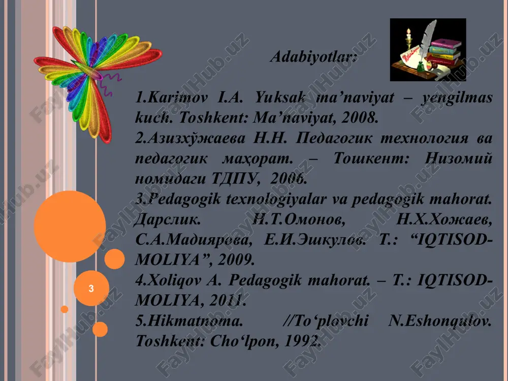 yaviy faoliyatning kommunikativ munosabatlar jarayonida o‘ziga xos qator qoidalari ham mavjud bo‘lib, o‘qituvchi o‘quvchilarga peda­gogik ta’sir ko‘rsatishda ushbu qoidalarni mukammal bilishi lozim * * r:3. o’qituvchining kommunikativ qobiliyatini rivojlantirish yo’llari pedagogik munosabatda muvaffaqiyatlarga erishish uchun o‘qituvchi: o‘quvchilar bilan bo‘lajak munosabatni modellashtira olishi; munosabatda bo‘ladigan sinf jamoasi xususiyatlarini oldindan bilishi; bevosita samimiy va hamjihatlikka asoslangan munosabat o‘r­natish; munosabatda ustunlikka ega bo‘lib, uni demokratik talablar aso­sida oqilona boshqarish; munosabatning ijobiy va salbiy jihatlarini uzluksiz tahlil etib borishi lozim. * o‘qituvchi kasbiy mahoratida muhim ahamiyatga ega bo‘lgan insoniy fazilat hamda xushmuomalalikni o‘zida shakllantirishi uchun muntazam faoliyat olib borishi zarur. o‘qituvchi pedagogik faoliyatiga oid shaxsiy o‘z-o‘zini tarbiyalashning o‘zaro fikr almashish va aloqador­likka doir quyidagi tizimlarini tavsiya etish mumkin. * kasbiy faoliyat jihatidan o‘z-o‘zini anglashni (muomalada o‘zaro fikr almashishga doir sifatlarni, ijobiy va zaif tomonlarini aniqlashni) amalga oshirish va shu asosda o‘zaro fikr almashish asosida o‘z-o‘zini tarbiyalash dasturini ishlab chiqish. 2. o‘z kasbiy faoliyatiga quyidagi …