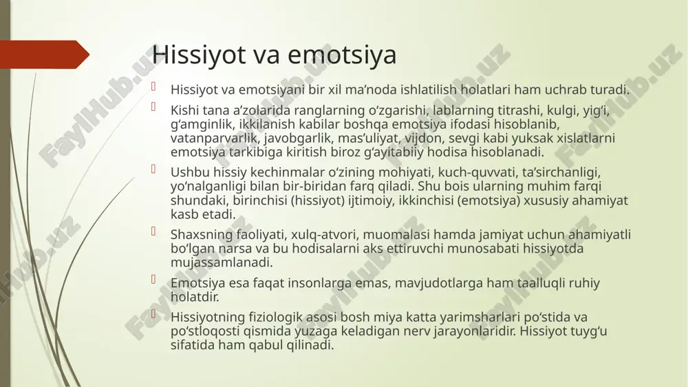 ilishga, xulq-atvorga ta’sir ko‘rsatadi; shaxslararo munosabatlarda muhim ahamiyatga ega (masalan, hamdardlik yoki g‘azabning ifodalanishida) shaxter-singer nazariyasi asosiy g‘oya: hissiyotlar ikkita asosiy omilga tayanadi: 1) fiziologik uyg‘onish (arousal) – yurak urishi, nafas olish, terlash kabi tana javoblari. 2) kognitiv baholash (tafsir) – odam bu tana javobining sababini aqliy jihatdan tushuntiradi va unga nom beradi. shaxsning o‘zini anglash, o‘zini boshqarish, qaror qabul qilish va ijtimoiy ko‘nikmalari – bularning barchasi hissiy jarayonlar bilan chambarchas bog‘liq. kelish, shaxter-singerning bu ikki omilli hissiyot nazariyasini shaxsiy rivojlanish konteksida ko‘rib chiqamiz. o‘zini anglash (self-awareness) shaxsiy rivojlanishning boshlang‘ich nuqtasi - bu o‘z hissiyotlarini anglay olishdir. masalan, yuragingiz tez ura boshlasa, siz: “men xavotirdamanmi yoki hayajondamanmi?” deb o‘zingizga savol berasiz. bu savol orqali siz fiziologik holatni ongli tafsir qilishni o‘rganasiz. bu emotsional intelektning asosidir. natija: inson o‘zini tahlil qila oladi va ichki muvozanatga erishadi. hissiy regulatsiya va qaror abul qilish shaxter-singer nazariyasiga ko‘ra bir xil tana reaksiyalarini har xil …