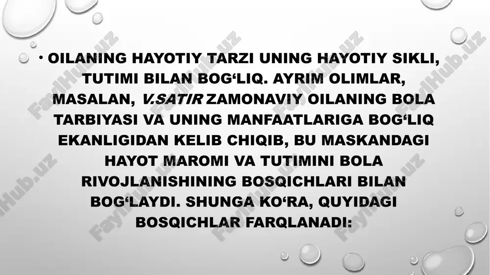iqatdan ham ilk bolalikdanoq ko’plab ertaklar eshitib, keyinchalik o’zlari ham ularni turli kitoblardan o’qib o’sgan yoshlar o’zlarining bo’lajak oilaviy hayotlarini adekvat tasavvur eta olishlari mushkul. chunki ertaklarda ham, kinofilmlarda ham qahramonlar bir-birlariga yetishgunlariga qadar ne ne ma-shaqqatlarni, zahmatlarni boshlardan kechirib, bu yo’lda duch kelgan qora kuchlarni yengib, oxir-oqibatda visolga erishadilar, elu yurtga «qirq kecha-yu, qirq kunduzlab to’y berib, murod maqsadlariga erishadilar». oilaviy nizolarda kimlar ishtirok etayotganiga ko’ra ularni quyidagicha asosiy turlarga ajratish mumkin: er-xotin o’rtasidagi nizolar; qaynona-kelin o’rtasidagi nizolar; qaynona-kuyov o’rtasidagi nizolar; ovsinlar o’rtasidagi nizolar; ota-onalar va farzandlar o’rtasidagi nizolar. oilaviy nizolarda kimlar ishtirok etayotganiga ko’ra ularni quyidagicha asosiy turlarga ajratish mumkin: er-xotin o’rtasidagi nizolar; qaynona-kelin o’rtasidagi nizolar; qaynona-kuyov o’rtasidagi nizolar; ovsinlar o’rtasidagi nizolar; ota-onalar va farzandlar o’rtasidagi nizolar. e`tiboringiz uchun tashakkur! image2.png image4.jpeg image3.png image5.jpeg image6.jpeg image7.jpeg image8.png image9.png image1.png little girl is crying because her parents quarrel. /docprops/thumbnail.jpeg