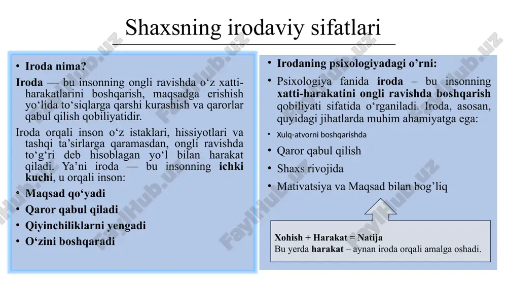 larda namoyon bo‘ladi. irodaviy sifatlarga ega bo‘lgan insonlar odatda og‘ir holatlarda ham kuchli ichki motivatsiya bilan harakat qilishadi, tushkunlikka berilmaydilar va mustahkam ichki pozitsiyaga ega bo‘lishadi. ular muvaffaqiyatga erishishda tashqi sharoitlardan ko‘ra o‘z irodasiga tayanishadi. shu sababli, irodaviy sifatlar nafaqat shaxsiy taraqqiyot, balki jamiyatda faol ishtirok etish va liderlik qobiliyatining asosiy omillaridan biridir. image1.jpeg image2.jpeg /docprops/thumbnail.jpeg