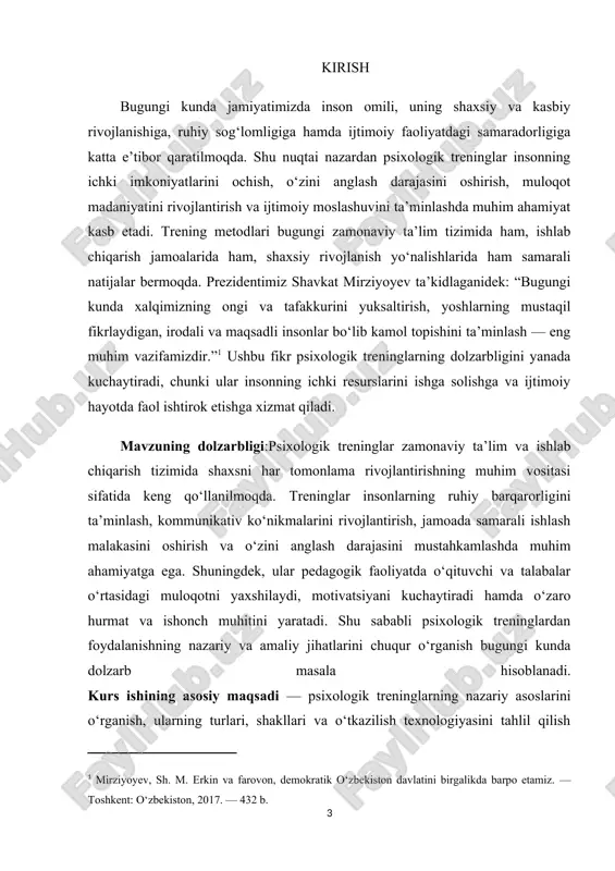 qilish; milliy psixologiyada trening metodikasini takomillashtirish istiqbollarini aniqlash. kurs ishining ahamiyati shundaki, u nafaqat nazariy bilimlarni chuqurlashtiradi, balki psixologik amaliyotda qo‘llash uchun muhim metodik asos yaratadi. kurs ishining obyekti — o‘zbekiston ta’lim tizimi va mehnat jamoalarida o‘tkazilayotgan psixologik treninglar jarayonidir. kurs ishining predmeti — psixologik treninglarning shakllari, metodlari, o‘tkazish bosqichlari va ularning samaradorligini baholash yo‘llaridir. kurs ishining metodlari va nazariy asoslari.ushbu kurs ishida ilmiy tahlil, taqqoslash, kuzatuv, suhbat, test, anketa, eksperimental va diagnostik metodlardan foydalaniladi. ishning nazariy asosini zamonaviy psixologiya fanining yutuqlari, shaxs rivojlanishi nazariyalari hamda ijtimoiy psixologik trening metodikasi haqidagi ilmiy qarashlar tashkil etadi. kurs ishining tuzilishi.kurs ishi kirish qismi, uch bob, xulosa, foydalanilgan adabiyotlar ro‘yxati va ilovalardan iborat. kirish qismida mavzuning dolzarbligi, kurs ishining maqsadi, vazifalari, ahamiyati, obyekti, predmeti, metodlari va nazariy asoslari bayon etiladi. i bob. psixologik treninglarning nazariy asoslari 1.1. psixologik trening tushunchasi, mazmuni va shakllanish tarixi “trening” atamasi inglizcha “training” so‘zidan olingan bo‘lib, u o‘zbek …