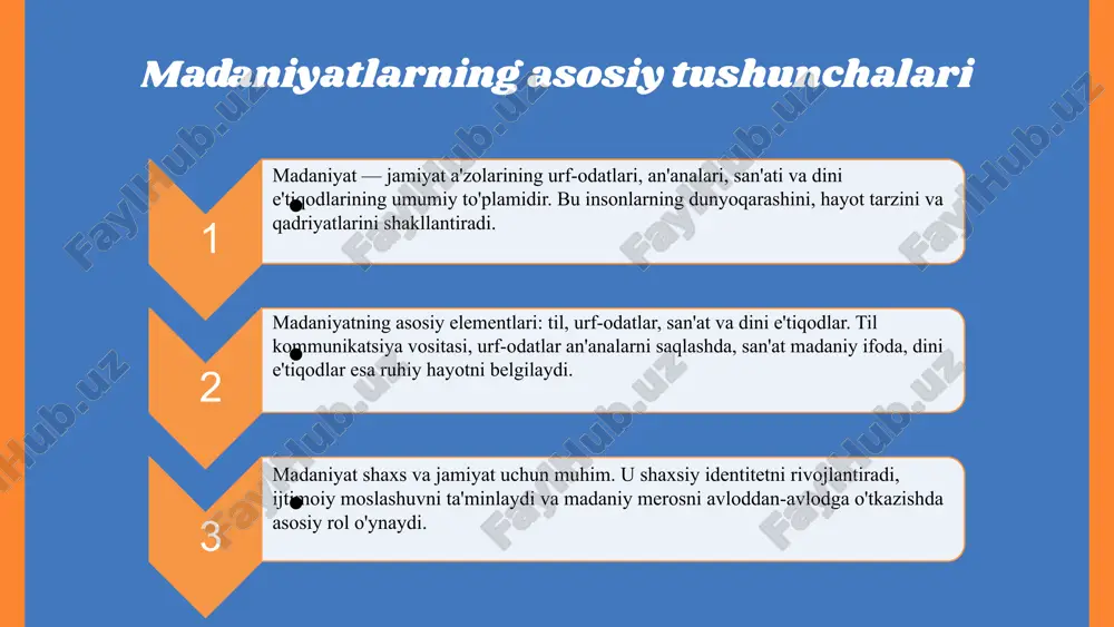r madaniyatlararo aloqalarni tushunishga yordam beradi. madaniyatlarni taqqoslash usullari usullar va metodlar e'tiborga olinadigan omillar foydalaniladigan metodologiyalar global muvozanat va madaniyatlar global muvozanat, dunyo madaniyatlari o'rtasidagi muvofiqlik va hamjihatlikni anglatadi. bu, madaniyatlararo aloqalarda barqarorlikni ta'minlash uchun muhim asosdir. madaniyatlararo muvozanat, iqtisodiy va ijtimoiy aloqalarni mustahkamlashda muhim. masalan, yevropa ittifoqi madaniyatlararo hamkorlikni rivojlantiradi va turli madaniyatlar o'rtasida tushunishni kengaytiradi. madaniyatlararo aloqalar global muhitda tushunishni rivojlantiradi, stereotiplarni kamaytiradi va tinchlikni ta'minlashga yordam beradi. bu, millatlar o'rtasida hamkorlik va barqaror rivojlanishni qo'llab-quvvatlaydi. xulosa dunyo madaniyatlari insoniyat rivojiga katta hissa qo'shgan. ular jamiyatlarning tarixi, san'ati, dini va an'analari orqali inson tafakkurini kengaytiradi. madaniyatlarning xilma-xilligi va o'zaro farqlari globalizm sharoitida muhim ahamiyat kasb etadi. bu farqlarni tushunish va hurmat qilish global hamjihatlikni mustahkamlashga yordam beradi. madaniyatlarni taqqoslash usullari metodologiyalar asosida amalga oshiriladi. bu usullar orqali madaniyatlarning o'ziga xos xususiyatlari va umumiyliklari aniqlanadi, insonlararo muvozanatni ta'minlash muhimdir. 1. oʻzturk, m. (2018). dunyo madaniyatlarining xilma-xilligi va umumiyliklari. …