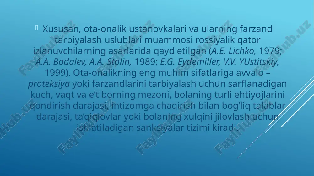 iz ko’chaga chiqmaydigan bo’ladi, barcha ishlarida kattalarning aralashuviga ko’nikib ketadi. o’ta kuchli axloqiy mas’uliyat – bunda ota-ona tomonidan bolaga nisbatan talablar darajasi yuqori bo’ladi, lekin uning asl xohish-istaklari, ehtiyojlari unchalik e’tiborga olinmaydi. ota-ona bolasining kelajagini puxta qilishni o’ylab, uning yurish-turishi uchun o’zlarini mas’ul deb his qilgan holda, shaxsiy tasavvuridagi insonni yaratishga, shaxsni shakllantirishga urinadilar, ba’zan nazorat ostida bolaning yoshi, aqliy yoki jismoniy imkoniyatlariga zid talablar, topshiriqlar ham berilaveradi. masalan, “sen to’ng’ichimizsan, ukalaringga sen qarashing kerak”, degan ma’noda unga oiladagi kichik a’zolarga yoki kasallikka chalingan oila a’zosini parvarish qilish kabi mas’uliyatli va og’ir ishlar ham yuklanadi. emotsional raddiya – bunda ota-ona bolasini shunday tarbiyalaydiki, uning ota-ona hayotida u o’ziga yarasha tashvish, ortiqcha yuk ekanligi, u bo’lmaganida ota-onaning hayoti boshqachi bo’lishi muntazam ravishda eslatib turiladi. agar bu farzand oilada yagona bo’lmasa, boshqa arzandaroq, suyukliroq inson bo’lsa, vaziyat yanada og’irlashadi, “sen bo’lmaganingda…” yoki qiz bolaga qarab: “sening o’rningda o’g’il bo’lganda edi...” qabilidagi kesatiqlar …