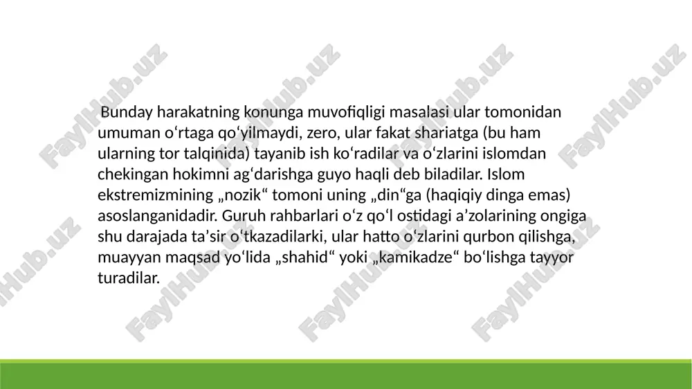 rejalarni tuzishdan ham qaytmadilar. 2000-yilning kuzida ekstremistlarning oʻzbekistonga qurolli hujum uyushtirgani ularning afgʻonistonda in qurib olgan xalqaro terrorchilar va narkobiznes bilan uyushib ketganidan dalolat berdi. shu munosabat bilan prezident islom karimov: "bugun dinimizni asrash kerak, moʻmin-musulmonlarni ximoya qilish kerak. lekin dinimizni, birinchi galda, oʻzini „chin musulmon“ deb daʼvo qilayotgan ana shu yovuz kuchlardan, har qadamda „jihod“ deb ogʻiz koʻpirtirib, din nomidan buzgʻunchilik qilayotgan qonxoʻr va qotillardan asrash kerak", — degan edi. faqat 2001-yil 11-sentabr kuni nyu – york va washingtonda sodir etilgan mudhish terrorchilik hujumlaridan keyingina dunyodagi yetakchi davlatlar aqsh boshchiligida bu yovuz illatga qarshi keng miqyosda kurashga bel bogʻladi ekstremizm (lotincha): — oʻta, keskin degan ma'nolarni anglatadi) — siyosatda va mafkurada ashaddiy, favqulodda harakat va qarashlarga asoslanib faoliyat yuritish. e.ning siyosiy va diniy koʻrinishlari yaqqol ajralib turadi. siyosiy e. namoyandalari oʻzlarining gʻarazli maqsadiga erishish uchun kuch ishlatish usullaridan foydalanib, mavjud siyosiy tuzilmalarning barqaror faoliyat yuritishini buzish va yoʻqotishga harakat …