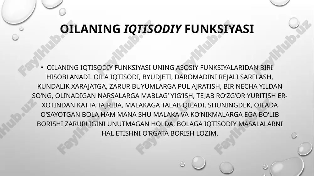 tizimini, shuningdek, birlamchi ijtimoiy nazoratni, oilada ustunlik va obro‘ni amalga oshirishni o‘z ichiga oladi. bunda kattalar tomonidan yosh avlodni nazorat qilish va ularni moddiy hamda ma’naviy tomondan qo‘llab-quvvatlash nazarda tutiladi. o‘tgan zamonlarda oila­ning boshqarish funksiyasi ma’lum darajada rasmiy tarzda belgilab ham qo‘yilgan. unga ko‘ra, oilada kim oila boshlig‘i bo‘lishi, uning obro‘si va ustunligi qayd etilgan va oilaning shu a’zosi (asosan ota) butun umri davomida o‘z farzandlari va oila a’zolari hatti-harakati, xulqi uchun javobgar bo‘lgan. ota-onasiga bo‘ysunmaganlarni jazolash hollari ham nazarda tutilgan. oilaning relaksatsiya funksiyasi hozirgi zamon oilasining eng asosiy funksiyalaridan yana biri relaksatsiya funksiyasidir. bu degani oila a’zolarining jinsiy, emotsional faoliyatini, ruhiy-jismoniy quvvatini, mehnat qobiliyatini yana qayta tiklash demakdir. ma’lumki, fan-texnika taraqqiyotining hozirgi bosqichida, ishlab chiqarish munosabatlarining jadallashuvi, xalq xo‘jaligining turli jabhalarida yangi texnologiyalarning joriy etilishi va shu kabi qator omillar inson ruhiyatiga oldingilariga qaraganda, ko‘proq jismoniy, ruhiy zo‘riqishlar bermokda er-xotinlar oilada ham birga shaxsiy va mulkiy masalalarda ham teng …