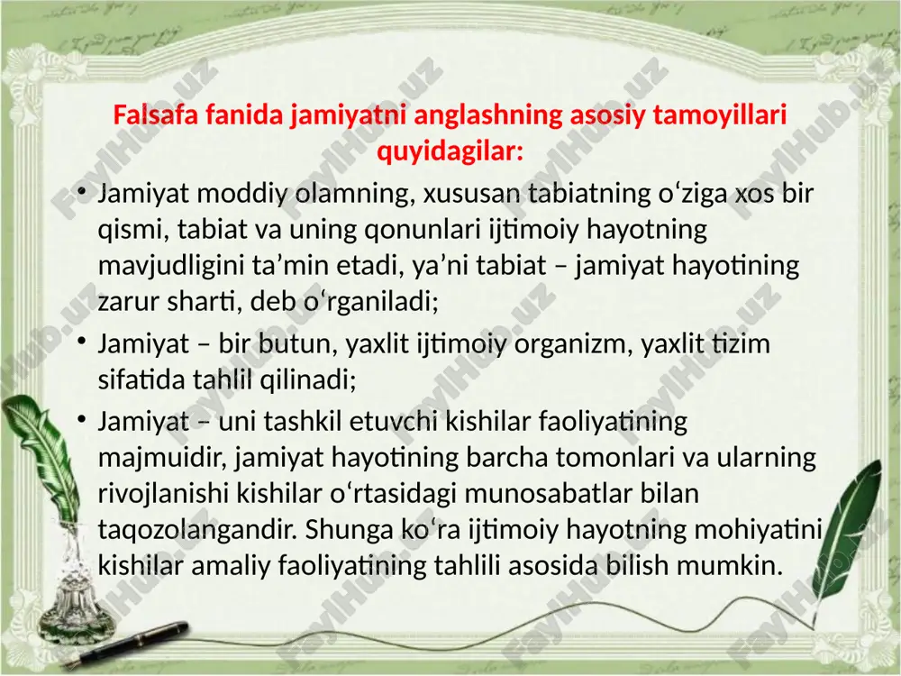 anlar. ularning ilg‘or qarashlari ko‘p asrlar davomida ijtimoiy munosabatlarni takomillashtirish, komil inson shaxsini shakllantirishda muhim ahamiyatga ega bo‘ldi va hozirgacha o‘z ahamiyatini saqlab kelmoqda. abu nasr forobiy asarlarida jamiyat muammosi falsafiy tahlil qilingan. u platon va aristotel asarlariga tayanib, jamiyatning kelib chiqishi asosida tabiiy ehtiyojlarni qondirish yotadi, degan nazariyani ilgari surgan. tabiiy ehtiyoj kishilarni birlashishga, jamoa uyushuviga, o‘zaro yordamga olib kelgan. o‘zaro yordam tufayli ehtiyojlar qondirilgan. kishilar o‘rtasidagi o‘zaro yordam jamiyatni keltirib chiqargan. insoniyat jamiyati turli xalqlardan tashkil topgan bo‘lib, ular o‘zaro bir-birlaridan tillari, urf-odatlari, malakalari, xususiyatlari bilan farqlanadilar. forobiy jamiyatlarni fozil va johillarga ajratadi. fozil shahar yuksak axloqli va ma’rifatli kishilar tomonidan boshqarilib, bu davlat shahar aholisining o‘zaro ko‘maklashuviga, bir-biriga yordam berishga asoslanadi. odamlarga nisbatan ularni birlashtirib turuvchi ibtido – insoniylikdir. shu tufayli odamlar odamzod turkumiga oid bo‘lgani uchun ham o‘zaro tinchlikda yashamoqlari lozim abu rayhon beruniy va ibn sino birinchi bo‘lib jamiyat qanday paydo bo‘lgan, degan savolga ilmiy …