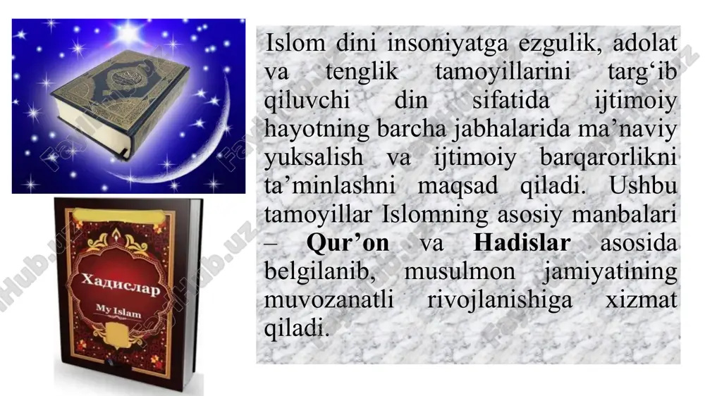 va uning hurmatga loyiq ekanligi ta’kidlanadi, bu esa insonning azob-u qudratini inkor etmaydi. insonning hurmati va shaxsiyati islomda inson yaratilgan paytida alloh tomonidan alohida hurmatga sazovor bo‘lishi belgilangan. har bir insonning qadr-qimmati uning kelib chiqishi, jinsi, millati yoki ijtimoiy mavqega bog‘liq emas. qur’onda insonning yaratilishi va uning hurmatga loyiq ekanligi ta’kidlanadi, bu esa insonning azob-u qudratini inkor etmaydi. hayot va xavfsizlik huquqi islom inson hayotini muqaddas deb hisoblaydi. hayotni hurmat qilish, unga g‘amxo‘rlik qilish va uning xavfsizligini ta’minlash asosiy tamoyillardan biridir. hayotning muqaddasligi shunday tushuniladi: inson hayoti faqat allohning irodasi bilan mavjud va uni himoya qilish har bir jamiyat a’zosi uchun burch hisoblanadi. adolat va tenglik islom adolatni har bir sohada, jumladan huquqiy tizimda ham qo‘llashni buyuradi. adolat nafaqat jinoyatchilikka qarshi kurashda, balki jamiyatning barcha qatlamlarida teng huquqlarni ta’minlashda ham namoyon bo‘lishi lozim. qur’onda adolatni buyuk fazilat sifatida ta’kidlab, insonlar o‘rtasida adolatli munosabatlarni o‘rnatish zarurligi ko‘rsatiladi. erkinlik va tanlov huquqi …