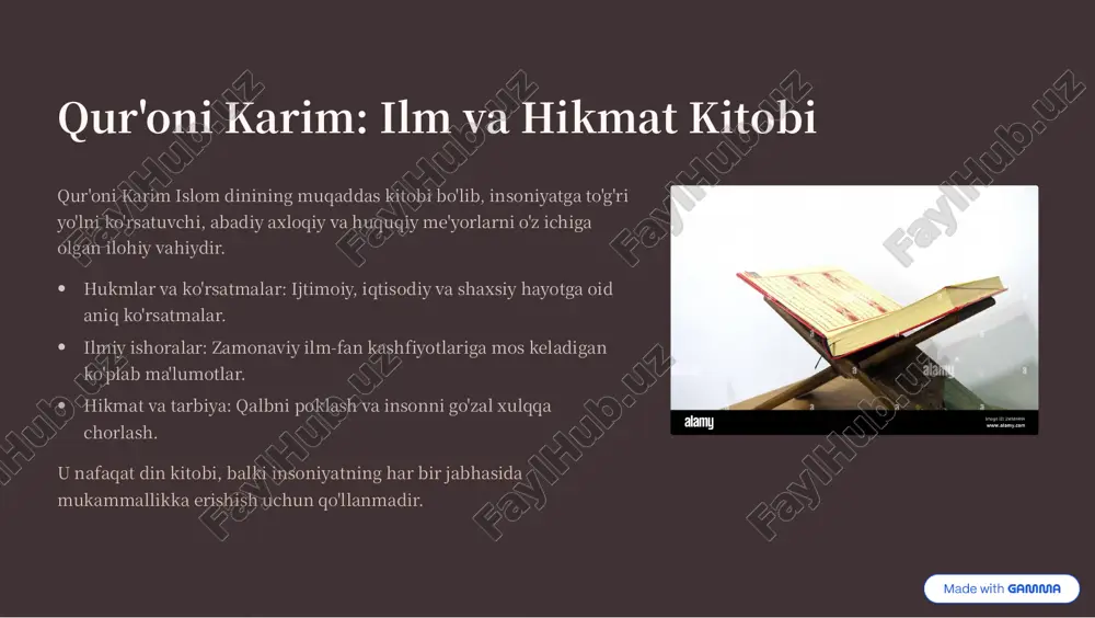 huquqlarini hurmat qilishni va ularning ibodat joylariga tegmaslikni buyuradi. inson qadr-qimmati barcha insonlar, irqidan qat'i nazar, teng yaratilgan. har bir insonning hayoti muqaddasdir. https://gamma.app/?utm_source=made-with-gamma zamonaviy dunyoda islomning o'rni va ahamiyati bugungi kunda islom dunyodagi eng tez rivojlanayotgan dinlardan biri bo'lib, global miqyosda muhim ijtimoiy va siyosiy rol o'ynaydi. ma'naviy rahbariyat axloqiy qadriyatlar buzilayotgan zamonda, islom aniq me'yorlar va ruhiy yengillik manbai bo'lib xizmat qiladi. iqtisodiy model islomiy moliyalashtirish tizimi (riba (foiz)siz bank ishi) global iqtisodiyot uchun barqaror va adolatli muqobil variantlarni taklif qiladi. ijtimoiy harakat zakat va xayriya amallari ijtimoiy-iqtisodiy bo'shliqni kamaytirish va kambag'allikka qarshi kurashish uchun samarali mexanizmdir. https://gamma.app/?utm_source=made-with-gamma noto'g'ri tushunchalarni tuzatish va to'g'ri ma'lumot berish islom haqida ba'zi ommaviy axborot vositalarida tarqalgan salbiy va noto'g'ri tushunchalar mavjud. haqiqiy islom tinchlik, adolat va rahm- shafqatga asoslangan. mif: islom zo'ravonlikni targ'ib qiladi haqiqat: qur'on o'zini himoya qilishdan tashqari, begunoh odamni o'ldirishni qat'iyan man etadi. zo'ravonlik islom tamoyillariga zid. mif: ayollar …