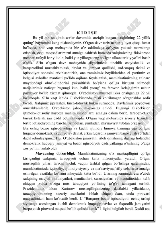 mishda toptalgan urf-odat, an’ana, qadriyatlarni tiklay boshladi. prezidentimiz ana shu jarayonning o’zaro uyg’unligini “biz ma’naviy qadriyatlarni tiklashni milliy o’zlikni anglashning o’sishidan, xalqning ma’naviy sarchashmalariga, uning ildizlariga qaytishdan iborat uzviy, tabiiy jarayon deb, hisoblaymiz” , - deb ko’rsatib berdi. mustaqilligimiz tufayli ta’lim sohasiga alohida e’tibor qaratildi. jumladan 1997 yilda qabul qilingan “ta’lim to’g’risida”gi qonun (yangi 1 karimov i.a. o’zbekiston buyuk kelajak sari. toshkent.:o’zbekiston, 1999, 9-bet. 1 karimov i.a. o’zbekiston xxi asr bo’sag’asida: xavfsizlikka tahdid, barqarorlik shartlari va taraqqiyot kafolatlari. – t.: o’zbekiston, 1997. 137-bet. 5 tahrirda)va “kadrlar tayyorlash milliy dasturi” o’zbekistonning ta’lim sohasida ijobiy samara va amaliy siljishni yuzaga keltirdi. jumladan, “bir fikrni mamnuniyat bilan ta’kidlamoqchiman – biz ta’lim sohasini bosqichma-bosqich, aniq maqsadga yo’naltirgan holda isloh qilish bo’yicha uzoqni ko’zlagan dasturlarniizchil amalga oshirib kelmoqdamiz. buning natijasida yoshlarimizning eng yuksak talablardarajasida umumiy ta’lim olishi bilan bir qatorda ularning o’z qobiliyatini ro’yobga chiqarishi, jamiyatda munosib o’rin egallashi uchun aniq mutaxasislikka ega bo’lish imkonini …