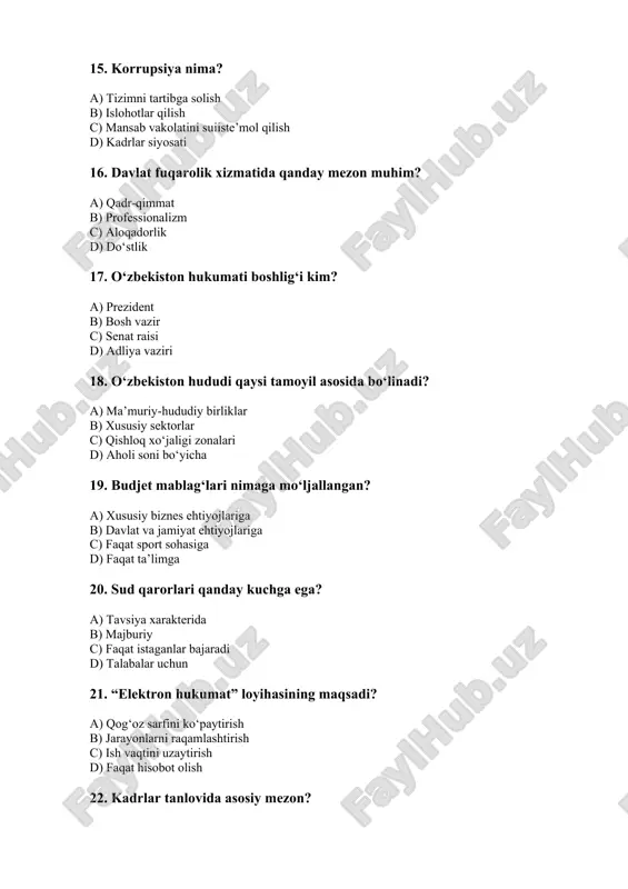 b) 5 c) 6 d) 7 36. soliq qo‘mitasining vazifasi? a) soliq yig‘ish b) qonun chiqarish c) sud qilish d) bank ochish 37. mantiq: agar barcha a lar b bo‘lsa va c lar a bo‘lsa? a) c lar b bo‘ladi b) b lar c bo‘ladi c) a lar yo‘qoladi d) hech biri 38. “davlat xizmati to‘g‘risida”gi qonun asosiy maqsadi? a) xizmatlarni tartibga solish b) sportni rivojlantirish c) kino industriyasi d) fermer xo‘jaligi 39. ma’muriy protokollarni kim rasmiylashtiradi? a) sud b) vakolatli organ c) bojxona d) talaba 40. hisobotlar muddati nima uchun kerak? a) nazorat uchun b) bekorchilik uchun c) tasodifiy d) faqat arxiv uchun 41. qaysi soha davlat xizmatiga kirmaydi? a) ta’lim b) sog‘liqni saqlash c) sport klubi murabbiyi d) sud tizimi 42. axborot texnologiyalarining vazifasi? a) ma’lumotni qayta ishlash b) sport o‘ynash c) chizmachilik d) rang berish 43. elektron hujjat nima? a) qog‘ozda b) raqamli shaklda c) faqat audio …