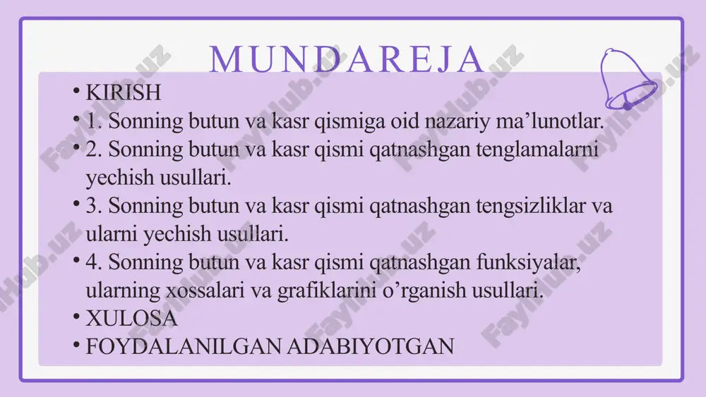 ik xossalarini chuqurroq tushunish mumkin. bu esa sonlar ustida bajariladigan amallarning ichki tuzilishini anglashga yordam beradi. * hisoblash texnikasi va dasturlash: kompyuterlarda sonlarni qayta ishlashda butun va kasr qismlarga ajratish amali keng qo‘llaniladi. dasturlash tillarida (python, java, c++ va boshqalar) butun qismni olish floor(), trunc(), int() kabi funksiyalar yordamida, kasr qismini olish esa ayirish amali orqali amalga oshiriladi. bu ayniqsa, moliyaviy hisob-kitoblarda, o‘lchov birliklarini konvertatsiya qilishda va raqamli signallarni qayta ishlashda muhimdir. * algoritmlar yaratish: sonlarni butun va kasr qismlarga ajratish ko‘plab algoritmlarning, jumladan, raqamlash sistemalari orasida o‘tkazish, turli xil shifrlash algoritmlari (kriptografiya) va xatolarni aniqlash hamda tuzatish kodlarini yaratishda asos bo‘lib xizmat qiladi. kurs ishining maqsadi ushbu kurs ishining asosiy maqsadi haqiqiy sonning butun va kasr qismlari tushunchalarini chuqur nazariy tahlil qilish, ularning asosiy xossalarini o‘rganish va matematikadan tashqari turli sohalarda, xususan, informatika, muhandislik va amaliy hisoblashlarda keng qo‘llanilishini yoritib berishdan iborat. bu maqsadga erishish uchun quyidagi vazifalar bajariladi: …