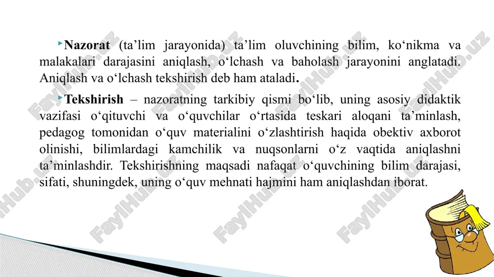 beradilar. bunday tekshirishda javoblar qisqa bo‘ladi. mazkur so‘rash ko‘pchilik o‘quvchilarni nazorat qilishni ta’minlaydi va butun guruhni faollashtiradi, ammo o‘quvchilarning nutqini o‘stirmaydi. bunday nuqsonlar individual so‘rashda ko‘zga tashlanmaydi. ammo so‘rashning bu shaklida guruhdagi boshqa o‘quvchilarning to‘laqonli ishlashlariga erishish juda qiyin. kombinatsiyalangan (tezlashtirilgan) tekshirishda o‘qituvchi bir necha o‘quvchini bir vaqtda doskaga chaqiradi, biri og‘zaki javob beradi, 3-4 nafar o‘quvchi esa kartochkalar bo‘yicha yozma ishni bajarishadi va hokazolar. bu tekshirishning murakkab usuli bo‘lib, o‘qituvchidan yetarlicha tajriba va diqqatlarini guruhdagi hamma o‘quvchilarga taqsimlay bilishni talab qiladi. yozma tekshirish – o‘quvchilarning bilim, ko‘nikma va malakalarini nazorat qilish va baholashning eng samarali usullaridan biri bo‘lib, ularning ijodiy qobiliyatlarini baholash imkonini beradi. mazkur usulning mohiyati shundaki, o‘qituvchi alohida mavzu yoki o‘quv dasturining ma’lum bo‘limini o‘tib bo‘lganidan so‘ng o‘quvchilarning bilimlarini nazorat qilish va baholashni tashkil etadi. yozma tekshirish topshiriq, ya’ni, insho yozish hamda turli nazorat va mustaqil ishlarni bajarishni uyda ham amalga oshirishga imkon beradi. ushbu jarayonda o‘qituvchining …