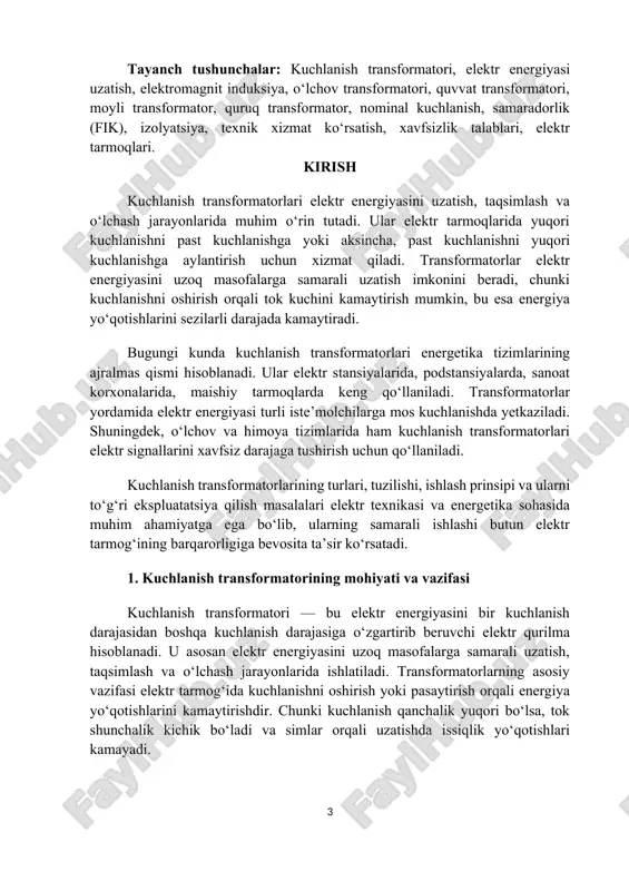 uzluksiz faoliyat yuritishiga imkon beradi. shu bois kuchlanish transformatorlari zamonaviy energetika tizimining “yuragi” sifatida qaraladi. 2. kuchlanish transformatorlarining tuzilishi va ishlash prinsipi kuchlanish transformatorlari elektr energiyasini bir kuchlanish darajasidan boshqasiga o‘zgartirish uchun mo‘ljallangan muhim elektr qurilmalardan biridir. ularning ishlash prinsipi elektromagnit induksiya hodisasiga asoslanadi, ya’ni o‘zgaruvchan tok ta’sirida hosil bo‘lgan magnit maydon boshqa o‘ramda elektr yurituvchi kuch (eyuk) hosil qiladi. shu orqali energiya mexanik harakatlarsiz, ya’ni to‘g‘ridan-to‘g‘ri magnit maydon orqali uzatiladi. transformator elektr energiyasini uzatishda, taqsimlashda, o‘lchash va himoya tizimlarida keng qo‘llaniladi. kuchlanish transformatori odatda magnit o‘zak (yadro), o‘ramlar, izolyatsiya, korpus va sovitish tizimidan tashkil topadi. magnit o‘zak po‘lat plastinalardan yig‘iladi va u magnit oqimni o‘zida jamlab, bir o‘ramdan ikkinchisiga uzatadi. o‘ramlar esa birlamchi va ikkilamchi qismlardan iborat bo‘ladi. birlamchi o‘ram elektr tarmog‘iga ulanadi va u orqali o‘tgan o‘zgaruvchan tok magnit maydon hosil qiladi. ushbu magnit maydon ikkilamchi o‘ramni kesib o‘tadi va unda elektr yurituvchi kuch hosil bo‘ladi. agar ikkilamchi …