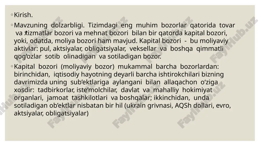 si bilan uzviy bog‘liqdir. xalqaro moliya munosabatlari jahon xo‘jaligining shakllanishi jarayonida alohida o‘rin tutadi. xalqaro moliya munosabatlari asta-sekin jahon xo‘jaligining tarkibiy elementiga aylana bordi. hozirgi vaqtda xalqaro moliya munosabatlarini jahon xo‘jaligining rivojlanishi natijasida shakllangan mustaqil iqtisodiy tizim sifatida baholash mumkin. jahon xo‘jaligi bozor iqtisodiyotining obyektiv qonuniyatlariga bo‘ysunuvchi xalqaro moliya munosabatlari orqali o‘zaro bog‘liq milliy iqtisodiyotlar yig‘indisi sifatidagi global iqtisodiy tizimdir. jahon xo‘jaligining barqaror rivojlanishida alohida olingan milliy iqtisodiyotlar holati muhim o‘rin tutadi. . xulosa. kapital joriy iste’molning nisbatan qisqarishi tufayli kelgusi davrlarda iste’mol qilish imkoniyatlarini oshiradigan tejash orqali yaratiladi. shu munosabat bilan, tejaydigan shaxslar joriy iste’molni kelajak bilan taqqoslashadi.kapitalning asosiy shakllari mavjud: jismoniy (material) poytaxt -korxonaning ishlab chiqarish aktivlari (mashinalar, binolar, inshootlar, xom ashyo va boshqalar), inson kapitali (umumiy va maxsus bilimlar, ish qobiliyatlari, ishlab chiqarish tajribasi, malakalari va boshqalar), moliyaviy kapital shu jumladan, qimmatli qog‘ozlar va qarz mablag‘lari.ro‘yxatda keltirilgan barcha kapital shakllari umumiy xususiyatga ega -manbadan hozirgi va kelasi …