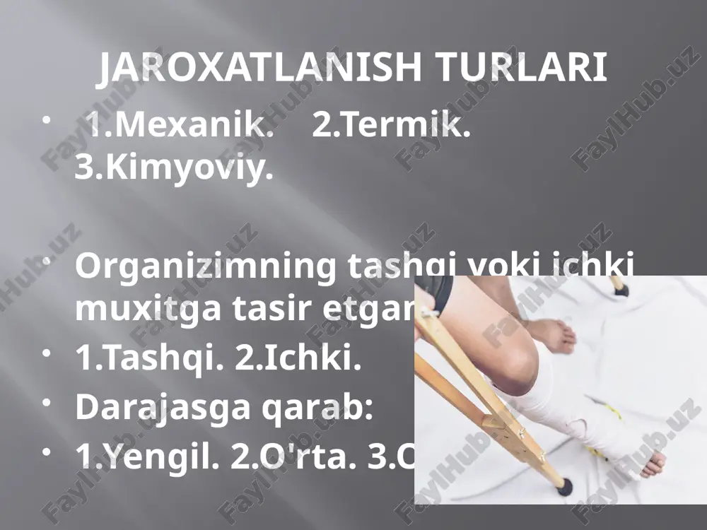 b-quvvatlash va harakat organlarining qo'shma shikastlanishi, shuningdek, katta tomirlar va nervlar. kombinatsiyalangan shikastlanishlarning eng keng tarqalgan guruhi ichki organlar va tayanch-harakat tizimi shikastlanishlaridir . . ko'p shikastlanish ( inglizcha bir nechta shikastlanish ) - bir bo'shliqdagi organlarning shikastlanishi (ingichka va yo'g'on ichakning shikastlanishi , jigar va taloqning yorilishi ), tayanch-harakat tizimining ikki yoki undan ortiq anatomik va funktsional shakllanishi ichidagi shikastlanishlar ( elkaning sinishi) va son , ikkala tovon suyaklarining sinishi), oyoq-qo'l yoki oyoq-qo'llarning turli anatomik segmentlarida qon tomirlari va nervlarning shikastlanishi. qo'shma shikastlanish - jabrlanuvchida bir vaqtning o'zida ikki yoki undan ortiq etiologik jihatdan bir-biriga o'xshash bo'lmagan shikastlanishlar: suyak sinishi va kuyishi, organlarning yorilishi va zaharlanishi , mexanik shikastlanish va nurlanish kasalligi va boshqalar. sport jarohati sportga xos jismoniy faoliyat natijasida kelib chiqqan to'qimalarga (odatda mushak va biriktiruvchi to'qimalarga) zarar etkazish. masalan, meniskus jarohatlari ko'plab sport turlarida keng tarqalgan . klinik tibbiyotda maxsus bo'lim mavjud - travmatologiya , jarohatlar, …