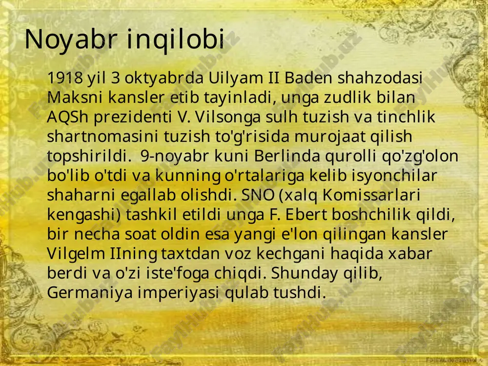 y siyosati natsistlar odamlarni boshqarishga intilishdi, buning uchun ular targ'ibotga katta ahamiyat berishdi. mamlakatda targ'ib qilingan millatchilik aqli raso odamlarni davlatga bo'ysunadigan aqidaparastlarga aylantirdi. ko'plab yozuvchilarni zaiflikda ayblab, ular kitob nashrlarini yoqib yuborishdi bu ularning maqsadiga erishishga xalaqit berishi mumkin edi va 1933 yilgi myunxen va berlin aholisi maydonlarda kitoblardan gulxanlarni ko'rishdi. e’tiboringiz uchun rahmat image1.jpeg image2.jpeg image3.jpeg image4.jpeg image5.jpeg image6.jpeg image7.jpeg image8.jpeg image9.jpeg /docprops/thumbnail.jpeg