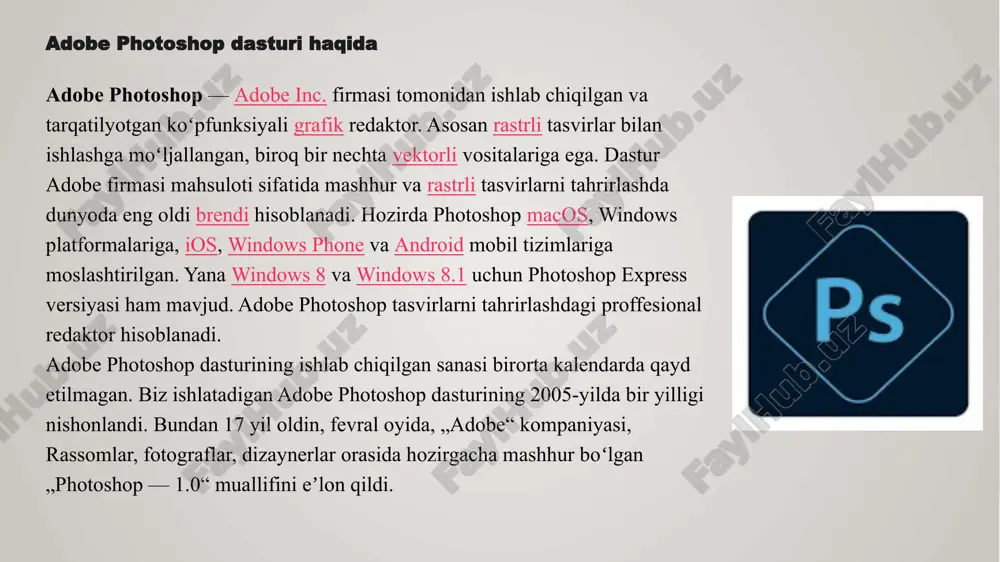 : rectangular marquee tool (to‘g‘ri to‘rtburchak tanlash asbobi) move tool (ko‘chirish asbobi) lasso tool (lasso asbobi / erkin tanlash asbobi) quick selection tool (tez tanlash asbobi) yoki magic wand tool (sehrli tayoqcha asbobi) - ikkalasi bitta tugma ostida bo‘lishi mumkin. crop tool (qirqish asbobi) eyedropper tool (pipetka asbobi / rang tanlash asbobi) spot healing brush tool (nuqtali tuzatish cho‘tkasi) brush tool (cho‘tka asbobi) 12 asboblar paneli nomlari 2: 9. clone stamp tool (klonlash shtampi asbobi) 10. history brush tool (tarix cho‘tkasi asbobi) 11. eraser tool (o‘chirg‘ich asbobi) 12. paint bucket tool (bo‘yoq paqiri asbobi) yoki gradient tool (gradient asbobi) - ikkalasi bitta tugma ostida bo‘lishi mumkin. 13. blur tool (xiralashtirish asbobi) 14. dodge tool (yoritish asbobi) 15. pen tool (pero asbobi) 16. type tool (matn asbobi) path selection tool (yo‘l tanlash asbobi) rectangle tool (to‘g‘ri to‘rtburchak shakli asbobi) hand tool (qo‘l asbobi / sahifani ko‘chirish) zoom tool (kattalashtirish/kichiklashtirish asbobi) set …