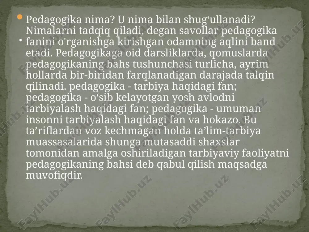 u ana bir tarmog‘i - maxsus pedagogika (surdopedagogika, tiflopedagogika, oligofrenopedagogika) defektologiya bilan chambarchas bog‘liqdir. ^pedagogika fani tarmoqlariga predmetlami o'qitishning qonuniyatlarini o'rganuvchi fan - metodika ham kiradi. shu bilan birga, pedagogika fani boshqa fanlardan ajralgan holda rivojlana olmaydi. pedagogikaning tarbiya sohasidagi obyekti o‘sib kelayotgan yosh avlod bo'lganligi uchun pedagogika insonni o'rganuvchi fanlar bilan bog‘liqdir._y inson biologik evolutsiyaning mahsuli sifatida biologiya fanlarining o'rganadigan obyekti hisoblanadi . kuzatish — o‘rganish lozim bo’lgan pedagogik hodisani ma’lum maqsad nuqtayi nazaridan kelib chiqqan holda kuzatuvchi kuzatish bayonnomasini olib boradi. kuzatish obyektiga oid bo‘lgan aniq faktik material tayyorlanadi. kuzatish belgilangan aniq reja asosida olib boriladi. suhbat (fakt) dalillar to‘plash yoki kuzatish davomida to‘plangan materiallarga aniqlik kiritish maqsadida olib boriladi. suhbat tadqiqotning mustaqil yoki yordamchi metodi sifatida qo‘llaniladi. 10 anketalar tarqatish. bu ommaviy ravishda material to‘ plash maqsadida anketalar tarqatish yo‘li bilan amalga oshiriladi. tadqiqot uchun muhim bo‘lmagan materiallar o‘quvchilaming yozma va bir qancha fanlar bo‘yicha mustaqil ishlarni …