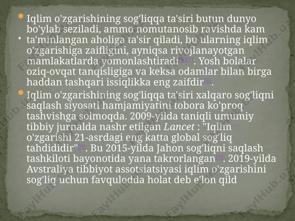 q bo'lishi mumkin, jumladan: miya, yurak, buyraklar, jigar va boshqalar. issiqlik to'lqinlari surunkali buyrak kasalligi (ckd) epidemiyalariga ham olib keldi. uzoq muddatli issiqlik ta'siri, jismoniy zo'riqish va suvsizlanish ckd rivojlanishi uchun etarli omillardir issiq to'lqin paytida o'pkaning surunkali kasalliklaridan o'lish xavfi yozning o'rtacha haroratiga nisbatan 1,8-8,2% ga yuqori ekanligi taxmin qilingan[19]. issiqlikdan tanadagi stress ham suyuqlik yo'qotilishiga olib keladi, bu esa o'pka perfuziyasini buzadi. yuqori ifloslantiruvchi kontsentratsiyalar bilan birgalikda bu bronxial yallig'lanishga olib keladi. zaif odamlarning sog'lig'iga issiqlik bilan bog'liq ta'sir inson tanasi, hatto past faollik darajasida ham haddan tashqari issiqlikning oldini olish uchun bug'lanishli sovutishni talab qiladi. issiq to'lqinlar paytida atrof-muhitning haddan tashqari issiqligi va namligi bilan etarli darajada bug'lanishli sovutish buzilishi mumkin. 35 °c (95 °f) dan yuqori nam lampochkaning barqaror harorati - bu inson tizimlarining chidamliligi terini etarli darajada sovutishga qodir bo'lmagan chegara[21][22]. bir tadqiqot shuni ko'rsatdiki, hatto yosh, sog'lom odamlar ham ho'l lampochkaning harorati 31 °c …
