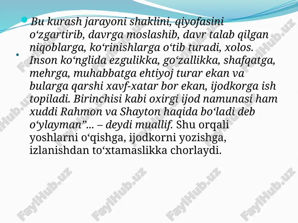 ha bo‘lardi. kitob ilohdan kuch olishga o‘rgatadi, ruhni tarbiyalaydi, ruhni to‘proqdan, to‘proqning bir qismi bo‘lgan jismidan o‘zib, osmonga, me’rojga yaqinlashtiradi. uni koinot va tabiat bilan birlashtiradi, bizni o‘rab turgan olam bilan yaxlitlashtiradi. kitob ulushi yo‘q, kitob nuri yoritmagan ong esa faqat jism. kitobsizlik – yovvoyilik, yovvoyilik bilan yonma-yon, birga yashashdir. men sizlarni ushbu kitob orqali ham siz bilan aynan kitob zavqi, kitob bilan forig‘lanish, kitobdan quvvat olish, kitob bilan dunyoni zabt etish, kitob inson “men”ini qanchalar yuksakka parvoz qildirishi haqida gaplashamiz. “men”dan mengacha” bo‘lgan sayohat juda yaqin, ayni paytda juda olis sayyohatdir. lekin bu sayohatda qo‘limizdi kitob bo‘lsa biz ko‘zlagan manzilga yetib olamiz. . ushbu kitobdan va bu kitobning bevosita boshlanmasi bo‘lgan “men”dan “men”gacha” kitobidan joy olgan yozmalarda men “ijod o‘zi nima?!” degan savolga u yoki bu qadar javob topishga urindim. bu yozmalar atayin kitob qilish uchun yozilmagan: turli davrda mutoala payti tug‘ilgan taassurotlar tarzida qayd etilgan, xolos. men ana …