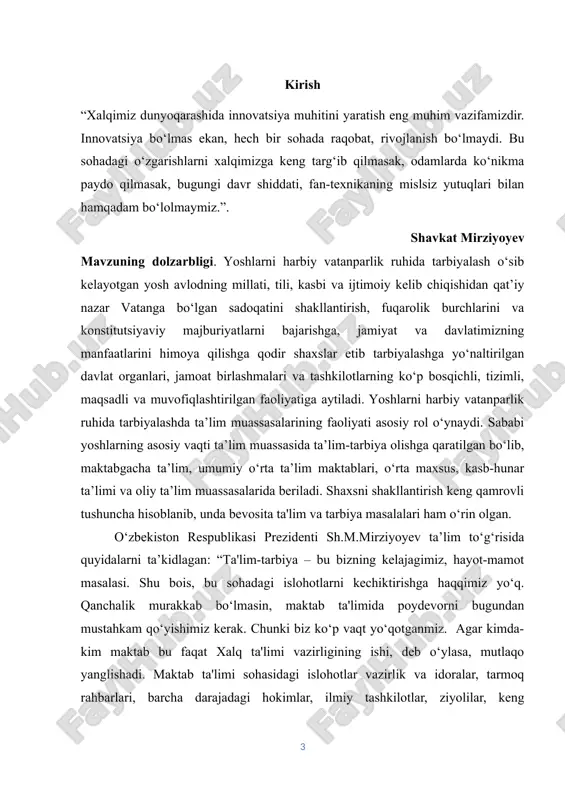 ‘jaligini, sanoat ishlab chiqarish sohalarni tubdan o‘zgartira olmaymiz”. respublikamizda yetuk malakali mutaxassislar tayyorlashga yo‘naltirilgan ta'lim tizimi ana shunday barkamol shaxsni tarbiyalashni o‘z oldiga maqsad qilib qo‘ygan “kadrlar tayyorlash milliy dasturi”, “ta'lim to‘g‘risida”gi qonun ta'limda olib borilayotgan ishlarning bosh mezoni hisoblanadi. bu mezon asosida takomillashtirilgan, zamon talablariga javob bera oladigan dasturlar, o‘quv darsliklari yaratilmoqda. ta'lim muassasalari, xususan, maktablar qayta rekonstruksiya qilinib, zamonaviy andozalar darajasiga tenglashtirilmoqda. ana shu asosda ta'lim jarayoni ham bevosita shakllantirilib uning samaradorligini oshirishga ahamiyat berilmoqda. fan va texnika jadal sur'atlar bilan rivojlanayotgan, axborot oqimlari kengayib borayotgan bu davrda harbiy ta'lim tizimida tarbiya maslasi innavotsion usulda qayta ko‘rib chiqish va unga qayta ishlov berishga ehtiyoj tug‘ilmoqda. xususan, darslarda axborot-kommunikatsiya vositalarini qo‘llash va shu orqali ularning natijalarini kafolatlash lozimligi yanada yaqqol namoyon bo‘lmoqda. o‘zbekiston respublikasi prezidentining qarori “o‘smirlarni harbiy-vatanparvarlik ruhida tarbiyalash hamda o‘zbekiston respublikasi qurolli kuchlari va davlat xizmatlari uchun kadrlar tayyorlash zahirasini tayyorlash tizimini takomillashtirishga oid qo‘shimcha chora-tadbirlar to‘g‘risida”, …