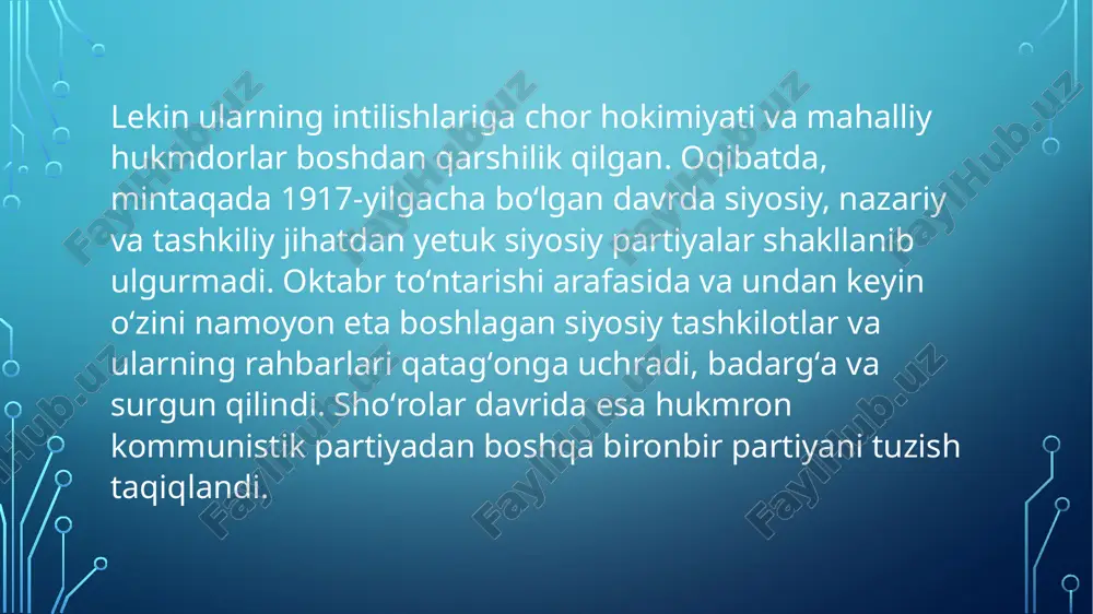 ularni tuzish, roʻyxatga olish, partiyalar mulki, ular faoliyatini toʻxtatish tartibi va boshqa masalalar toʻliq koʻrsatib berilgan. oʻzbekiston xalq demokratik partiyasiga (qisqacha nomlanishi – oʻzbekiston xdp) 1991-yil 1-noyabrdagi partiyaning taʼsis qurultoyida asos solindi. o‘zbekiston xalq demokratik partiyasining asosiy maqsadlari quyidagilardan iborat: o‘zbekiston xdpning ijtimoiy adolat va ijtimoiy himoyaga muhtoj kishilar manfaatlarini himoya qilishga bel bog‘lagani uning mamlakat siyosiy kuchlari so‘l qanoti bo‘lishligini belgilaydi. o‘zbekiston xalq demokratik partiyasi o‘zbekistonning mustaqilligini asrash va mustahkamlash, vatanimizning gullab-yashnashini ta’minlash, mamlakatda fuqarolik va millatlararo totuvlik, ijtimoiy barqarorlik, har bir oila va butun xalq farovonligiga erishish kabi umummilliy manfaatlarni o‘z mafkurasi va siyosiy faoliyatining poydevori, deb biladi. xalqimizning mustaqillik va ozodlik, tenglik va adolat, tinchlik va totuvlikka azaliy intilishlari partiyamiz mafkurasining tabiiy sarchashmalaridir. u xalqimizga hamisha xos bo‘lgan va bugun ham uning mentalitetini belgilaydigan hamjihatlik, jamoaviylik printsiplariga tayanadi. oʻzbekiston „adolat“ sosial-demokratik partiyasi 1995-yil 18-fevralda partiyaning birinchi taʼsis qurultoyida tashkil topgan. o‘zbekiston “adolat” sotsial-demokratik partiyasining asosiy maqsadlari quyidagilardan …