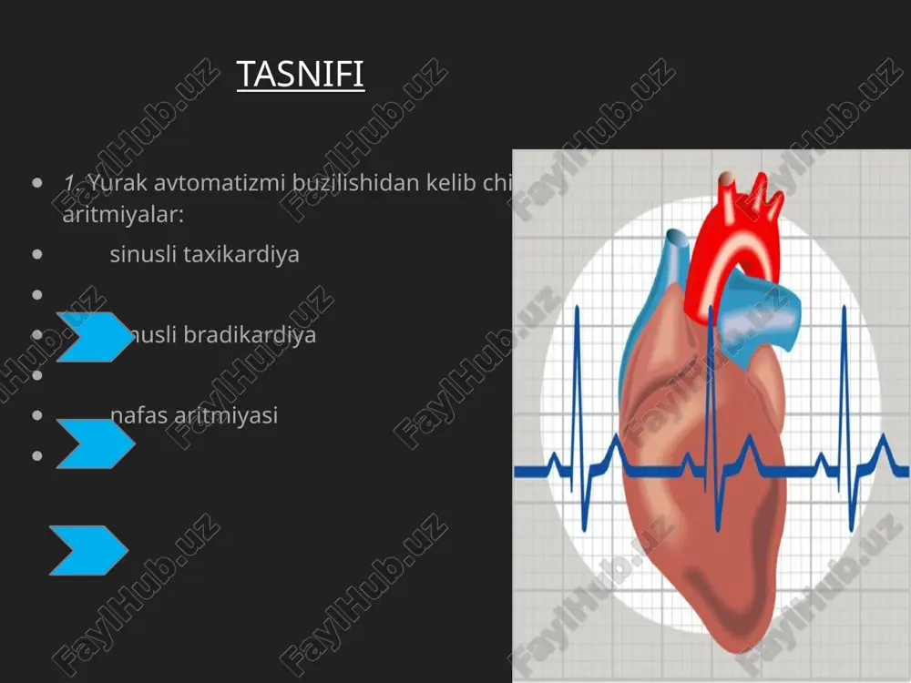 lari yurak avtomatizmini susaytiradi. sinusli-nafas aritmiyasi sinus aritmiyasi- sinus tugunidan kelayotgan impulslar orasidagi davrning doimiy bo’lmasligi oqibatida kelib chiqadi. nafas aritmiyasi- adashgan nerv tonusining nafas olish jarayonida o’zgarishi tufayli kelib chiqadi. etiologiyasi: ko’pincha fiziologik xarakterda, uyqu vaqtida kuzatiladi. patologik- n. vagus va yurak markazlari qo’zg’alishi sababli. patogenezi : afferent impulsatsiya bn bog’liq. ektopik (geterotop) aritmiya tugunli (atrio-ventrikulyar) ritm: yurak urishi soni minutiga 40-60 tadan kam. etiologiya va patogenezi. vagus nervini tonusi birdaniga ortganda sinus tuguni so’nishi kuzatiladi. sababi sinus tugun shikastlanishi hisoblanadi. boshqaruvchi ritm atrio- ventrikulyar tugun hisoblanadi. idioventrikulyar (qorincha) ritm : yuqs birdaniga qisqarishi minutiga 30-10 ta kuzatiladi. etiologiya va patogenezi. sinus va atrio-ventrikulyar tugun shikastlanishi sababli rivojlanadi. boshqaruvchi ritm qorinchlar avtomatizmi markazi hisoblanadi. bu gemodinamikani o’zgarishiga olib keladi. spasibo za vnimanie!!! image3.jpeg image4.gif image5.jpeg image6.gif image7.jpeg image8.jpeg image16.png image9.jpeg image10.jpeg image11.gif image12.jpeg image13.jpeg image14.jpeg image15.jpeg
