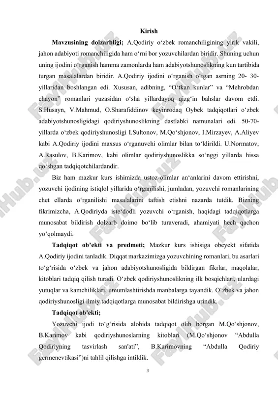 aqillik yillarida qo‘lga kiritilgan yutuqlar · amerika olimlari a.qodiriy ijodi haqida · a.qodiriy romanlarida mafkura masalalari · a.qodiriy romanlaridagi milliy kolorit masalalari · jahon qodiriyshunosligidagi yetakchi tamoyillar tadqiqotning asosiy masalalari va farazlari: kurs ishimizda ko‘tarilgan asosiy masala a.qodiriy ijodining o‘zbek va jahon adabiyotshunosligida o‘rganilish masalalaridan iborat. o‘zbek qodiriyshunosligining ilk bosqichi, yozuvchi ijodini baholashdagi biryoqlamaliklar, yutuqlar va kamchiliklarni ko‘rsatish, umumlashtirish, shuningdek, jahon adabiyotida a.qodiriy ijodiga munosabat, baholashdan, mezonlar, chet ellik olimlarning yozuvchi to‘g‘risidagi tadqiqotlarini o‘zbek qodiriyshunoslarining ishlari bilan tipologik o‘rganish tadqiqotimizning asosiy masalalaridan biridir. kelgusida bu yo‘nalish a.qodiriy ijodining dunyo ko‘lamida yanada ommalashishiga zamin hozirlashi mumkin. ilmiy yangiligi: tadqiqotning ilmiy yangiligi shundaki, biz ilk marotaba o‘zbek qodiriyshunosligining bosib o‘tgan yo‘liga tavsif berishga harakat qildik. o‘tgan asrning 20-30-yillarida a.qodiriy ijodini baholashdagi subyektiv qarashlar yozuvchi shaxsini to‘g‘ridan-to‘g‘ri asar qahramonlari bilan bog‘lash muallifning oddiy xalq hayotini bilmaslikda ayblash kabi fikrlarning asossiz ekanligiga o‘z munosabatimizni bildirdik. bu masalada o.sharafiddinov, s.husayn, v.mahmud kabi olimlarning qarashlari holi …