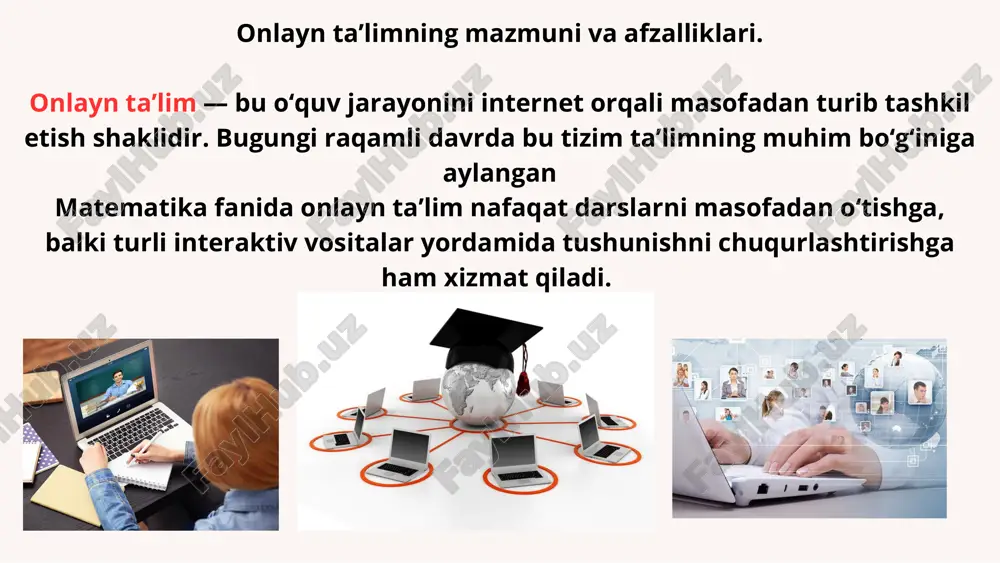 atematik modellashtirish uchun; mentimeter, padlet — fikr almashish va interaktiv savollar masalan: o‘qituvchi “parabola tenglamasi” mavzusini o‘tayotganda, desmos’da parabola grafikini real vaqt rejimida o‘zgartirib ko‘rsatadi. talabalar ko‘rish orqali funksiyaning xususiyatini anglaydilar. savol: siz matematika darsida qaysi ilovadan foydalanishni yoqtirasiz? savol: raqamli vositalar talabaning vizual xotirasini kuchaytiradimi? onlayn ta’limda muammolar va ularni bartaraf etish yo‘llari muammolar : 1. internet sifati pastligi. 2. talabaning sust motivatsiyasiga. 3. texnik vositalarning yetishmasli . 4. o‘qituvchi malakasining yetarli emasligi. 5. jonli muloqotning kamayishi. yechimlar: darslarni qisqa, mazmunli va interaktiv o‘tkazish. rag‘batlantiruvchi testlar, baholash tizimi joriy etish. videodarslar va qo‘llanmalar yaratish. o‘qituvchilar uchun raqamli kompetensiya kurslari tashkil etish. savol: sizningcha, onlayn darslarda eng katta muammo nimada — internetdami yoki motivatsiyadami? xulosa : onlayn ta’lim matematika fanini o‘qitishda yangi imkoniyatlar eshigini ochdi. u o‘quvchilarni mustaqil fikrlash, mantiqiy tahlil qilish va texnologiyalardan foydalana olishga o‘rgatadi. samarali natijaga erishish uchun interaktiv metodlar, vizual vositalar, raqamli platformalar va o‘qituvchining ijodkorligi …