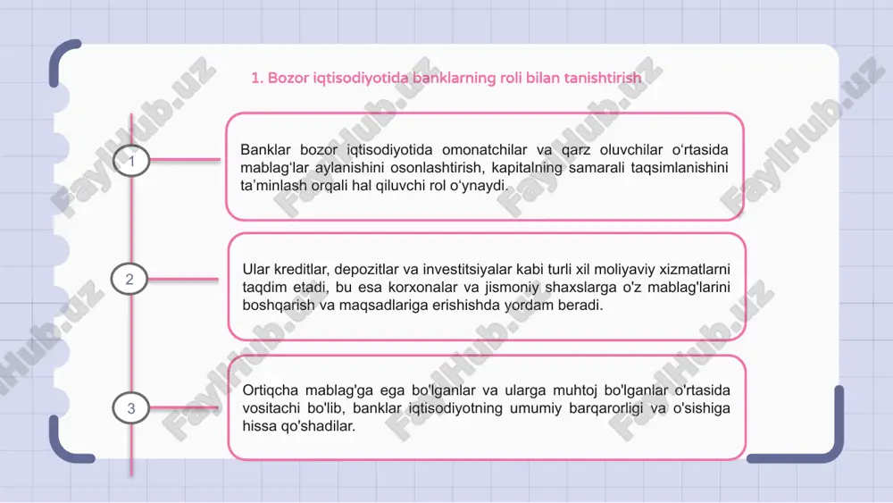 ul muomalasini tartibga solish, foiz stavkalarini belgilash va moliyaviy barqarorlikni saqlash orqali hal qiluvchi rol o‘ynaydi. ular iqtisodiy o'sish uchun asos yaratadi, narxlar barqarorligini ta'minlaydi va moliyaviy inqirozlarning oldini olish uchun tijorat banklarini nazorat qiladi. markaziy banklar turli xil pul-kredit siyosati va qoidalari orqali bozor iqtisodiyotida barqarorlashtiruvchi kuch sifatida harakat qiladi, inflyatsiya, bandlik va umumiy iqtisodiy salomatlikka ta'sir qiladi. 1 2 3 7. bank sektoridagi innovatsiyalar va ularning bozor iqtisodiyotiga ta'siri bank sektoridagi innovatsiyalar bozor iqtisodiyotini shakllantirishda hal qiluvchi o‘rin tutadi. texnologiyaning rivojlanishi tufayli banklar mijozlarga samarali xizmatlarni taklif qilish imkoniyatiga ega. raqamli bank yechimlari tranzaktsiyalarni amalga oshirish usulini inqilob qildi, bu esa jismoniy shaxslar va korxonalar uchun o'z moliyalarini boshqarishni osonlashtirdi. bu iqtisodiy o'sishni rag'batlantiradi va moliyaviy inklyuziyaga yordam beradi. qolaversa, banklar tomonidan innovatsion moliyaviy mahsulotlar va xizmatlarni joriy etish iste’molchilarning o‘zgaruvchan ehtiyojlarini qondirishga yordam beradi, bozor iqtisodiyotining umumiy raqobatbardoshligi va barqarorligiga hissa qo‘shadi. 8. bozor iqtisodiyotida banklar rolining …