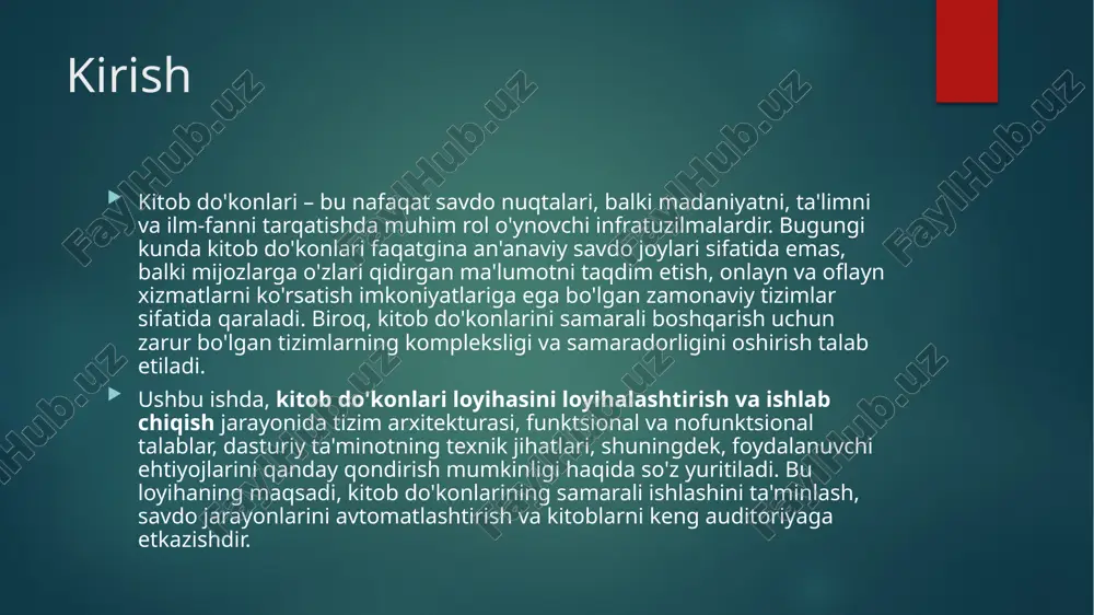 izimning umumiy samaradorligi va foydalanuvchi tajribasini yaxshilashga qaratilgan. tizim arxitekturasi asosiy maqsad: kitob do'koni tizimi mustahkam va samarali ishlashini ta'minlash. tizim tarkibi: frontend (foydalanuvchi interfeysi): kitoblar, buyurtmalar va mijozlar bilan ishlash. backend (server qismi): ma'lumotlar bazasi, buyurtmalarni qayta ishlash va to'lovlarni amalga oshirish. integratsiyalar: elektron to'lov tizimlari, mijozlarni autentifikatsiya qilish. tizim loyihasi va komponentlari loyihalash printsiplari: moslashuvchanlik, oson kengaytirilishi, va xavfsizlik. asosiy komponentlar: kitob ma'lumotlar bazasi: kitoblar, mualliflar, narxlar va mavjudlik haqida ma'lumotlarni saqlash. buyurtma boshqaruvi: buyurtmalarni yaratish, to'lovni tasdiqlash, va foydalanuvchi tajribasini optimallashtirish. mijozlar tizimi: mijozlar hisobini yaratish va tarixni saqlash. c++ da amalga oshirish: dastur tuzilmasi dastur tuzilmasi haqida umumiy tushuncha. c++ dasturining asosiy qismlari: main() funksiyasi, sinflar, obyektlar, funksiyalar va kutubxonalar. kod strukturasining tushuntirilishi: qaysi qismda qaysi operatsiyalar bajarilishi kerakligini izohlash. c++ ning ob'ektga yo'naltirilgan dasturlash (oop) tamoyillari: inkapsulyatsiya, meros olish, polimorfizm. dasturdagi asosiy funksiyalar va ularning o'zaro aloqasi. c++ kodini tushuntirish: asosiy kod misoli c++ da …