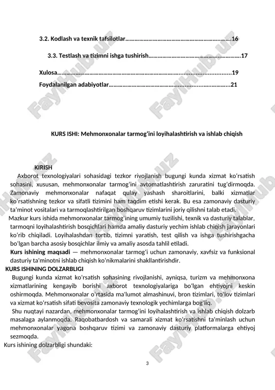 ri 1.1. mehmonxonalar tarmog‘i tushunchasi, afzalliklari va kamchiliklari mehmonxonalar tarmog‘i — bu birgalikda ishlovchi bir nechta mehmonxonalarning yagona boshqaruv va axborot tizimi asosida faoliyat ko‘rsatishi tizimidir. bu tarmoq mijozlarga yaxshiroq xizmat ko‘rsatish, ma'lumotlarni real vaqtda yangilash va resurslardan optimal foydalanish imkonini beradi. mehmonxonalar tarmog‘i yagona brend ostida faoliyat yurituvchi, bir-biriga bog‘langan mehmonxonalar majmuasi bo‘lib, ular bir xil xizmat standartlari, markazlashgan marketing va birgalikda ishlovchi axborot texnologiyalari tizimiga ega bo‘ladi. bunday tarmoqlar odatda mijozlarga ishonchli xizmat ko‘rsatishni, yagona sodiqlik dasturlarini (loyalty programs) va global miqyosda tan olingan imidjni taqdim etadi. tarmoq turi bo‘yicha: · franshiza asosida ishlaydigan mehmonxonalar: mustaqil egalik qilinadi, lekin umumiy tarmoq talablariga rioya qiladi. · boshqariladigan mehmonxonalar: to‘liq markaz tomonidan boshqariladi. · egasi va operatori bir xil bo‘lgan mehmonxonalar: tarmoq o‘zi egasi va boshqaruvchisi hisoblanadi. afzalliklari · markazlashgan boshqaruv: barcha filiallarni yagona markazdan boshqarish imkoniyati. · resurslarni tejash: umumiy ma'lumotlar bazasidan foydalanish orqali xarajatlarni kamaytirish. · real vaqtda …