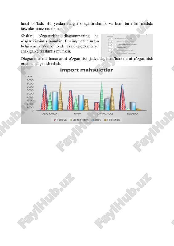 zgartiramiz. excelda diagrammalar bilan ishlash(4) (10 ta xodimning oylik ish haqini va yil davomida ular olgan bonuslarni kiriting.) diagrammani hosil qilish uchun ma’lumotlar tasvirlangan jadval hosil qilamiz. jadvalni belgilab yuqoridagi tartibda diagramma hosil qilamiz. excelda diagrammalar bilan ishlash(5) (har bir xodim uchun har oyda o‘sish yoki kamayish sur’atlarini ko‘rsating) bu diagrammani hosil qilish uchun bundan oldingi topshiriq uchun tayyorlangan jadvaldan foydalanamiz. bu diagrammani ikki usulda hosil qilishimiz mumkin. har bitta xodim uchun alohida diagramma hosil qilishimiz yoki bir nechtasi uchun bitta diagramma qilishimiz mumkin har bittasi uchun alohida qilish uchun har bir xodimno alohida belgilab diagramma tanlaymiz. bir nechtasi uchun qilish uchun esa bir nechta xodimni belgilab keyin diagramma tanlaymiz va yuqorida ko’rilgan tartibda ularning dizaynini o’zgartirirshimiz mumkin bo’ladi. excelda diagrammalar bilan ishlash(5) (xodimlar ish haqini ustun diagrammasida ko‘rsating, bonuslar uchun esa stacked diagrammadan foydalaning.) bu diagramma uchun ham oldingi jadvaldan foydalanamiz. jadvaldan xodimlar va ularning ish haqi tasvirlangan qismini …